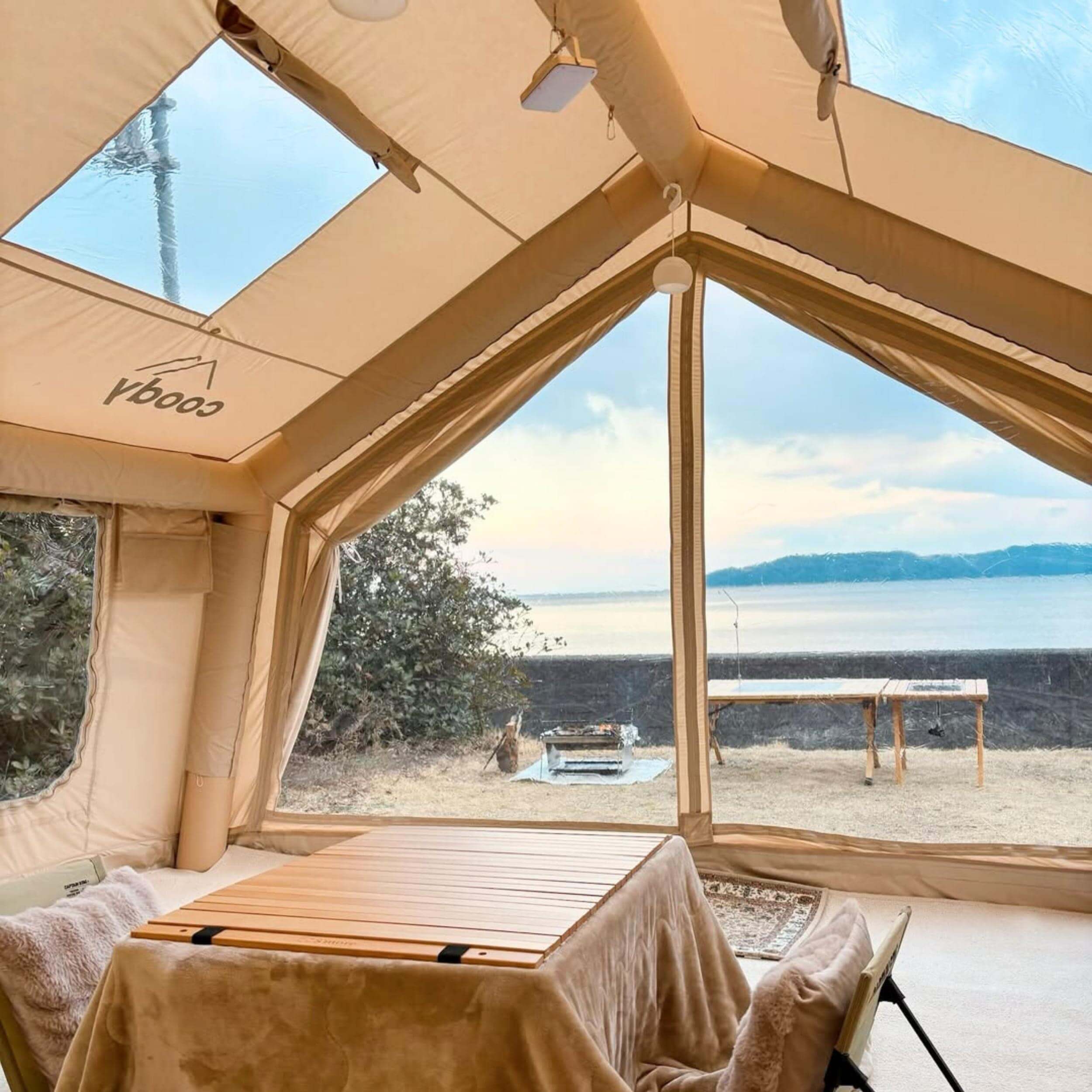 Coody 17.2 | RBM Outdoors (Koala 7) Beige + Stove Caminus M - Inflatable Tents for Camping with Stove | Backcountry Sportsman