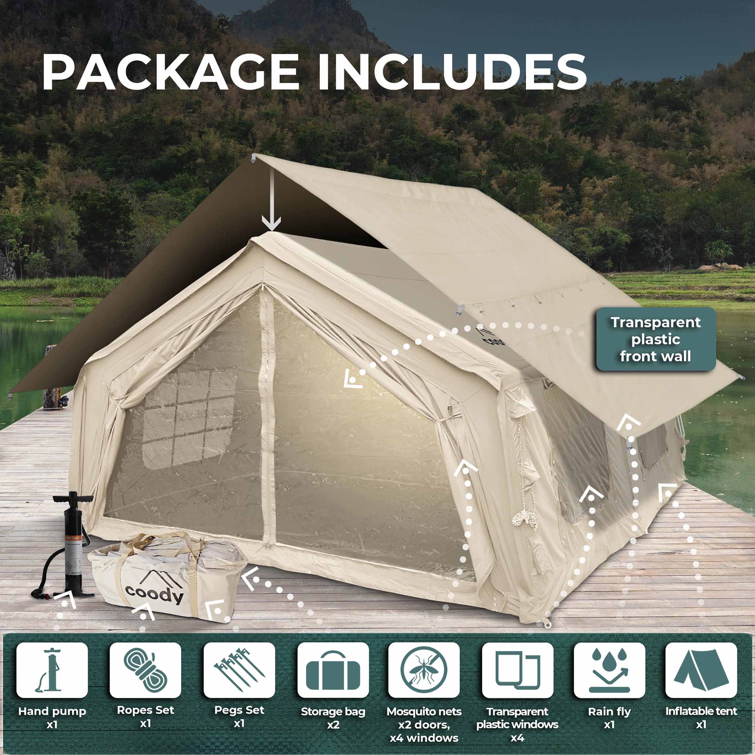 Coody 17.2 | RBM Outdoors (Koala 7) Beige + Stove Caminus M - Inflatable Tents for Camping with Stove | Backcountry Sportsman