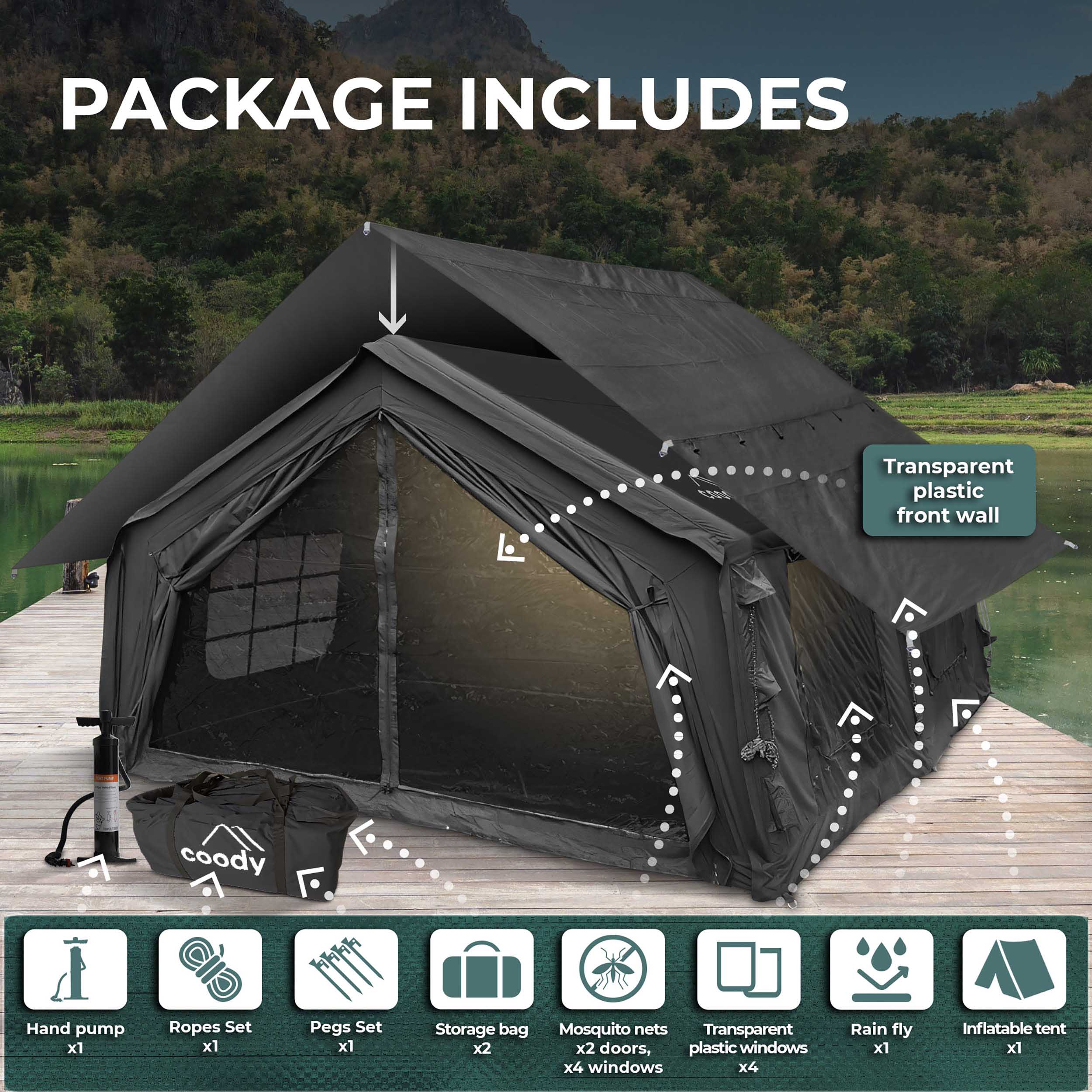 Coody 17.2 (Koala-7) Black Inflatable Tent House for Camping (2-10 person) | Backcountry Sportsman