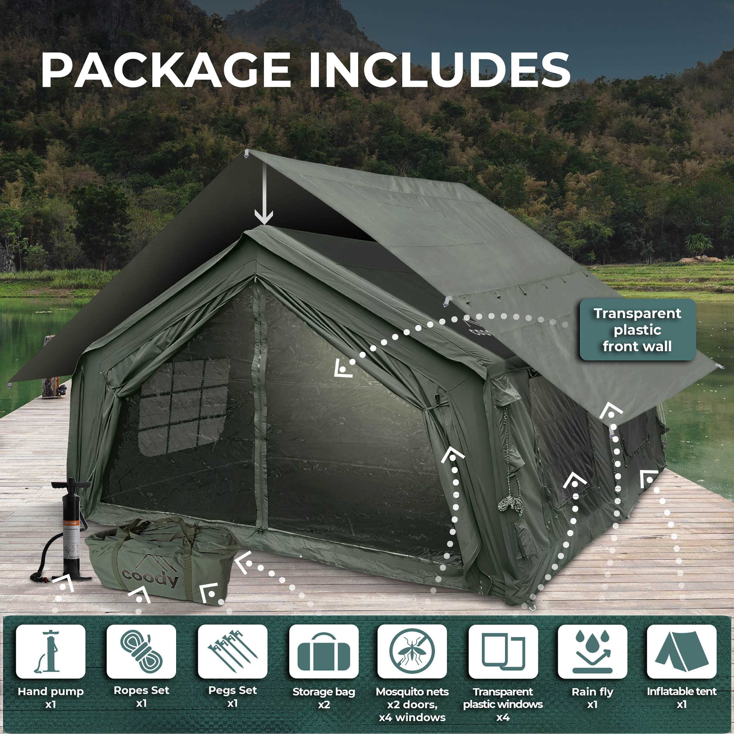 Coody 17.2 (Koala-7) Forest Green Inflatable Tent House for Camping (2-10 person) | Backcountry Sportsman