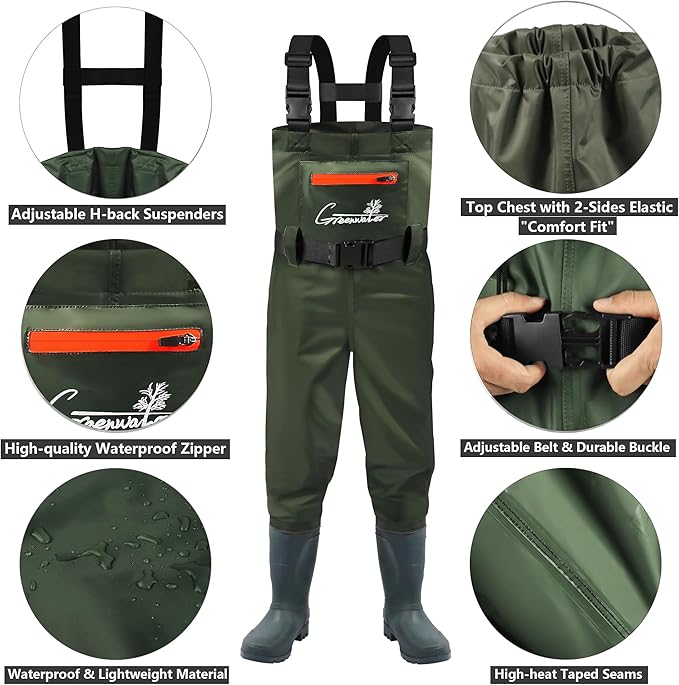 GREENWATER Kids Chest Waders Youth Fishing Waders with Boots Waterproof for Children Boys Girls Hanger & Bag Included (GREEN 6/7) | Backcountry Sportsman
