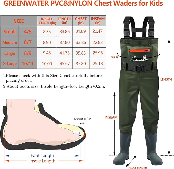 GREENWATER Kids Chest Waders Youth Fishing Waders with Boots Waterproof for Children Boys Girls Hanger & Bag Included (GREEN 6/7) | Backcountry Sportsman
