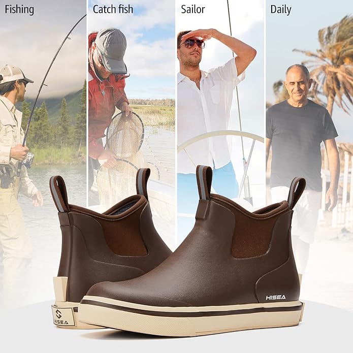 HISEA Mens Deck Boots Saltwater Fishing Booties Waterproof Ankle Rain Boots High Traction Black | Backcountry Sportsman