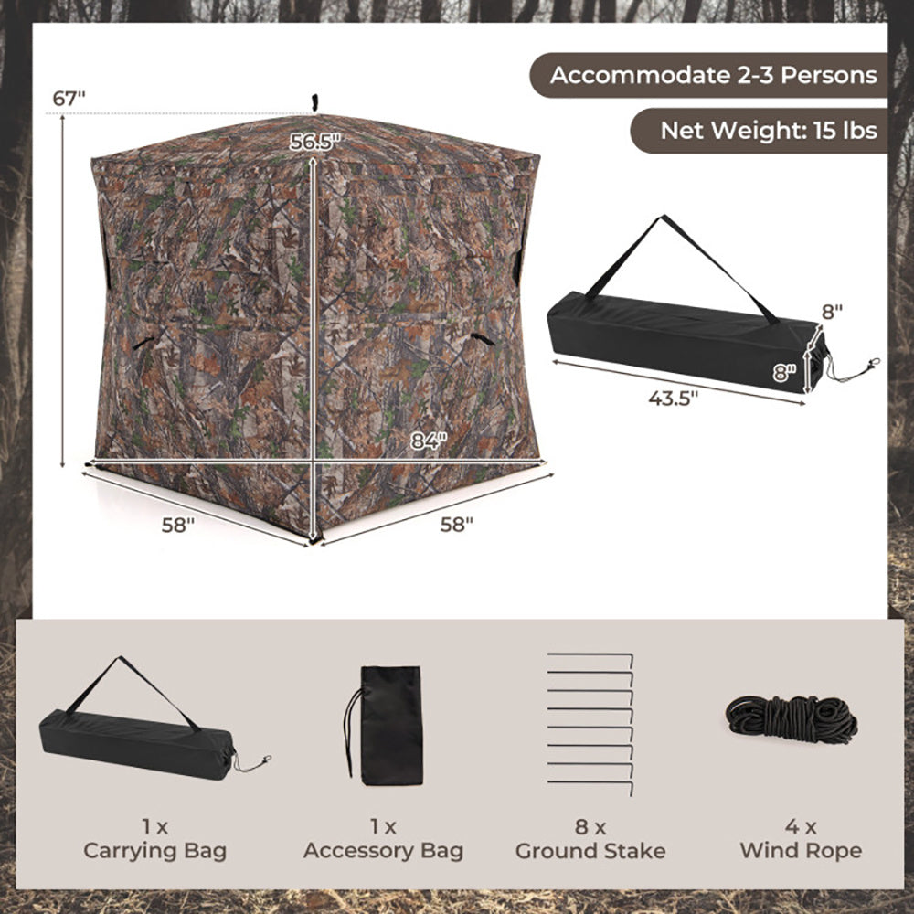 Hunting Blind 360 Degree One-Way See-Through Ground Blind For 2-3 Person
