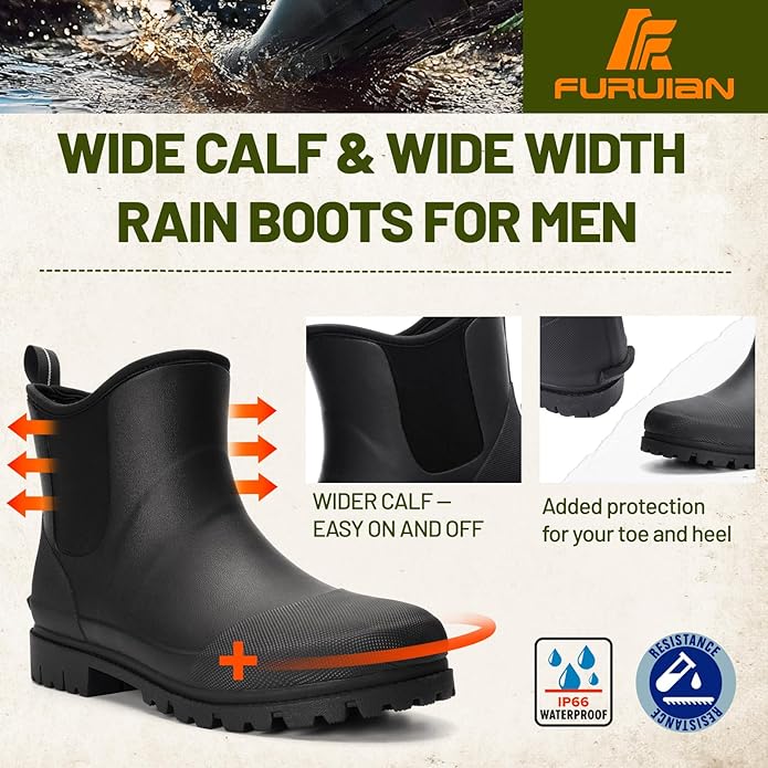 Furuian Mens Rain Boots Wide Calf Waterproof Rubber Boots Wide Width Non Slip Work Boots Ankle/Short Chelsea Rain Boots Hunting Boots Mud Boots for Fishing Agriculture Outdoor 9 wide | Backcountry Sportsman
