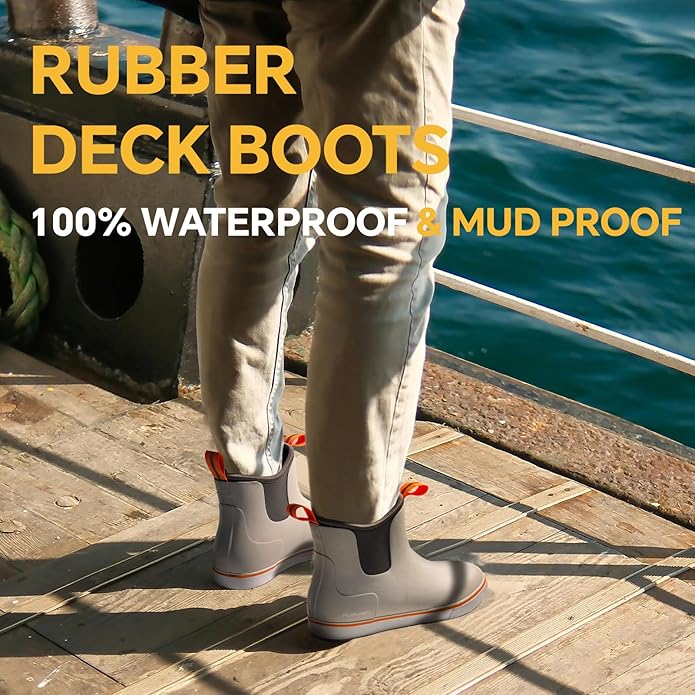 Furuian Mens Deck Boots Wide Fishing Boots Waterproof Rain Boots Ankle Booties Slip On Neoprene Rubber Footwear Chelsea Boots Men Botas Para Hombre for Gardening Fishing Boating Camping Sailing | Backcountry Sportsman