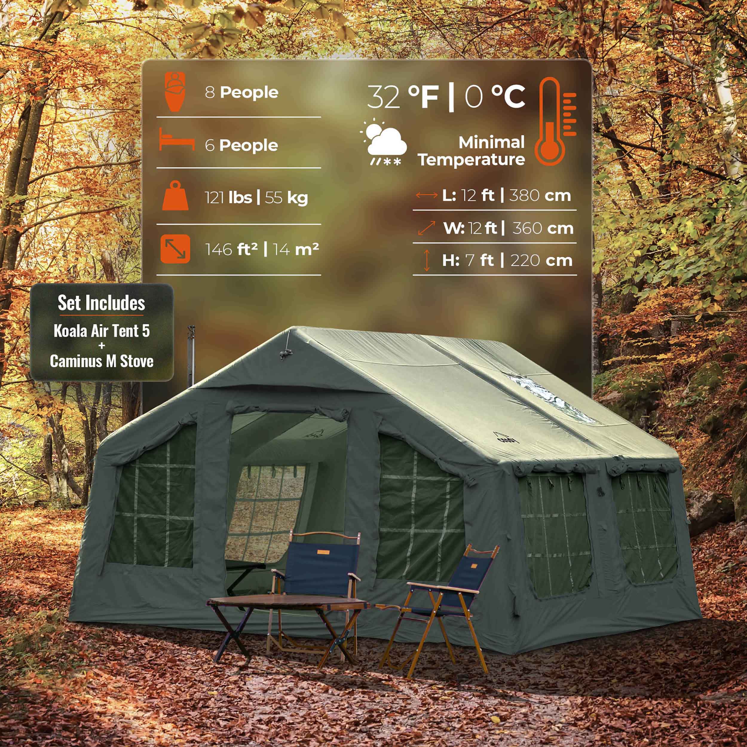 Coody 13.6 | RBM Outdoors (Koala 5) Forest Green + Stove Caminus M - Inflatable Tents with Stove | Backcountry Sportsman