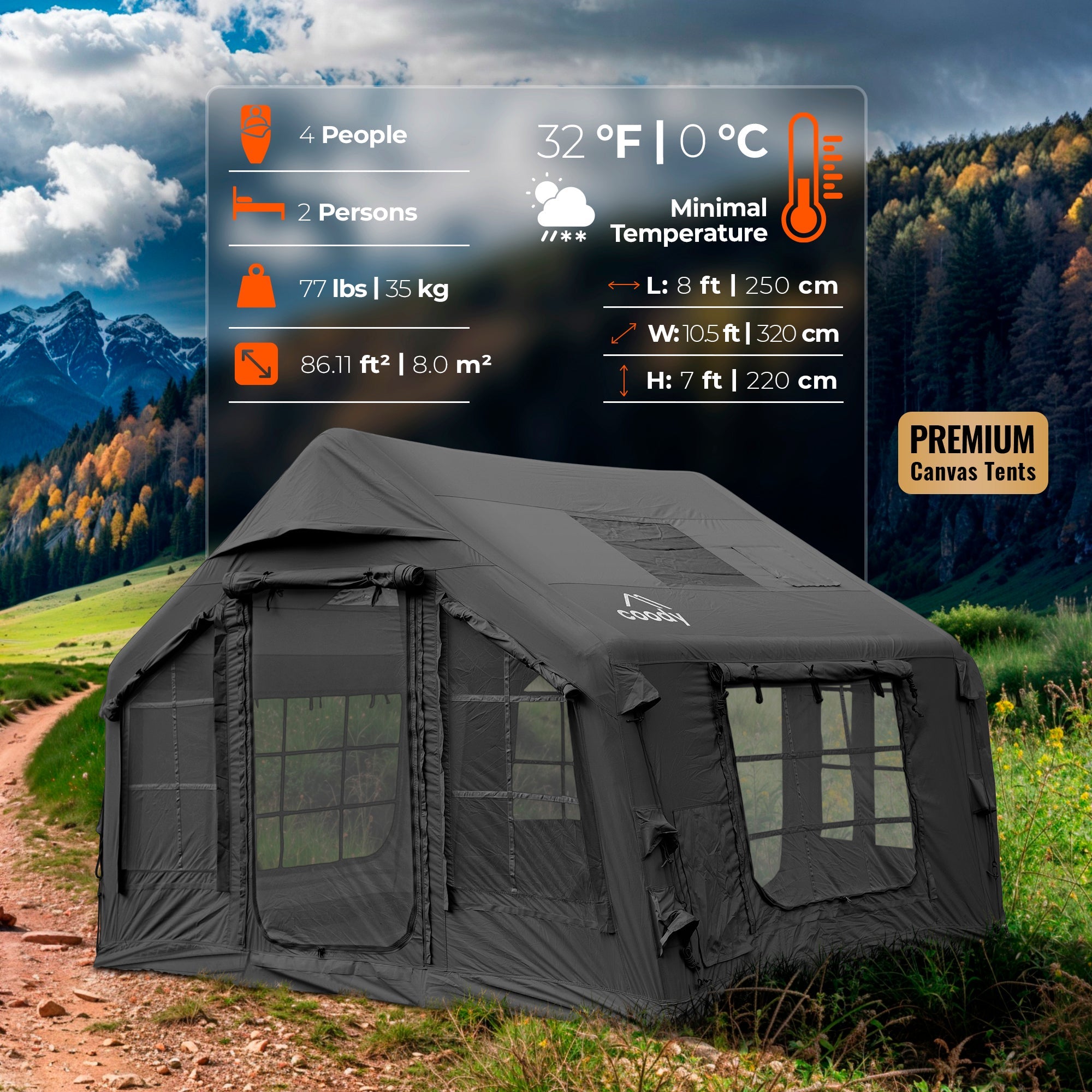 Coody 8.0 Black - Inflatable Tent House for Camping 1-4 person | Backcountry Sportsman