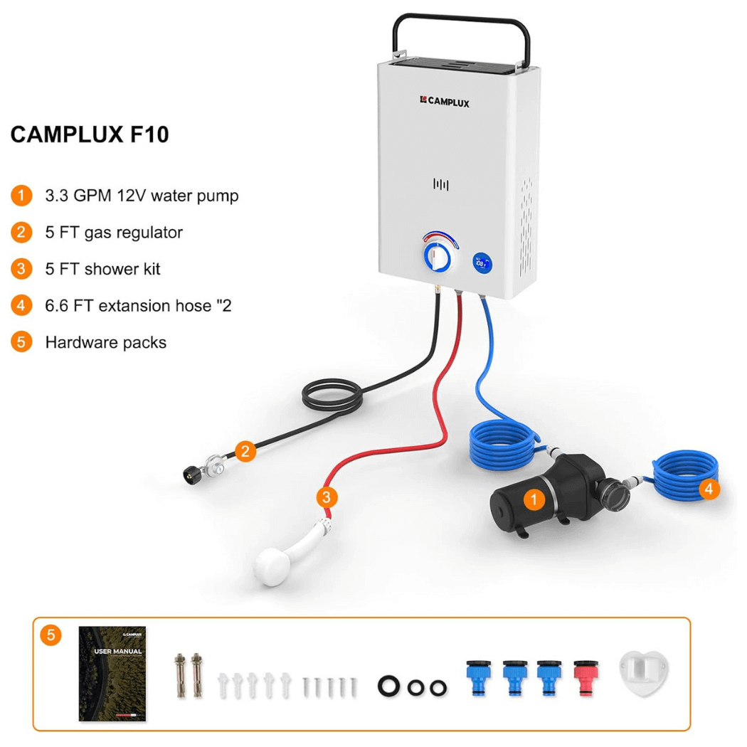Camplux First F10 Pro LPG Camping Water Heater Pump Kit | Backcountry Sportsman