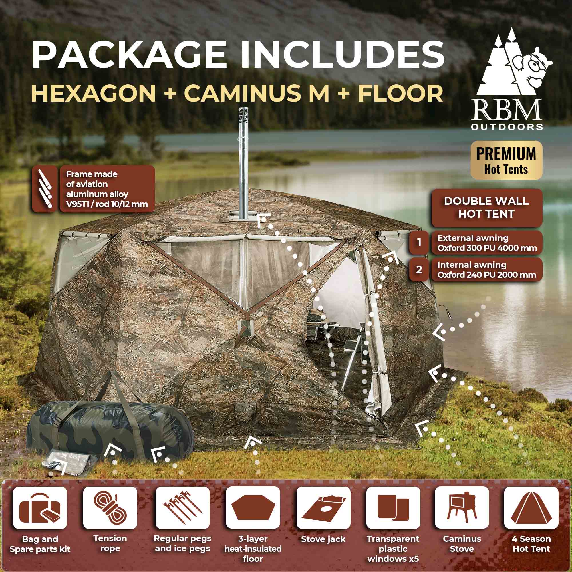RBM All-Seasons tent Hexagon for 2-9 person + Wood Stove Caminus M + Three-Layer Floor | Backcountry Sportsman