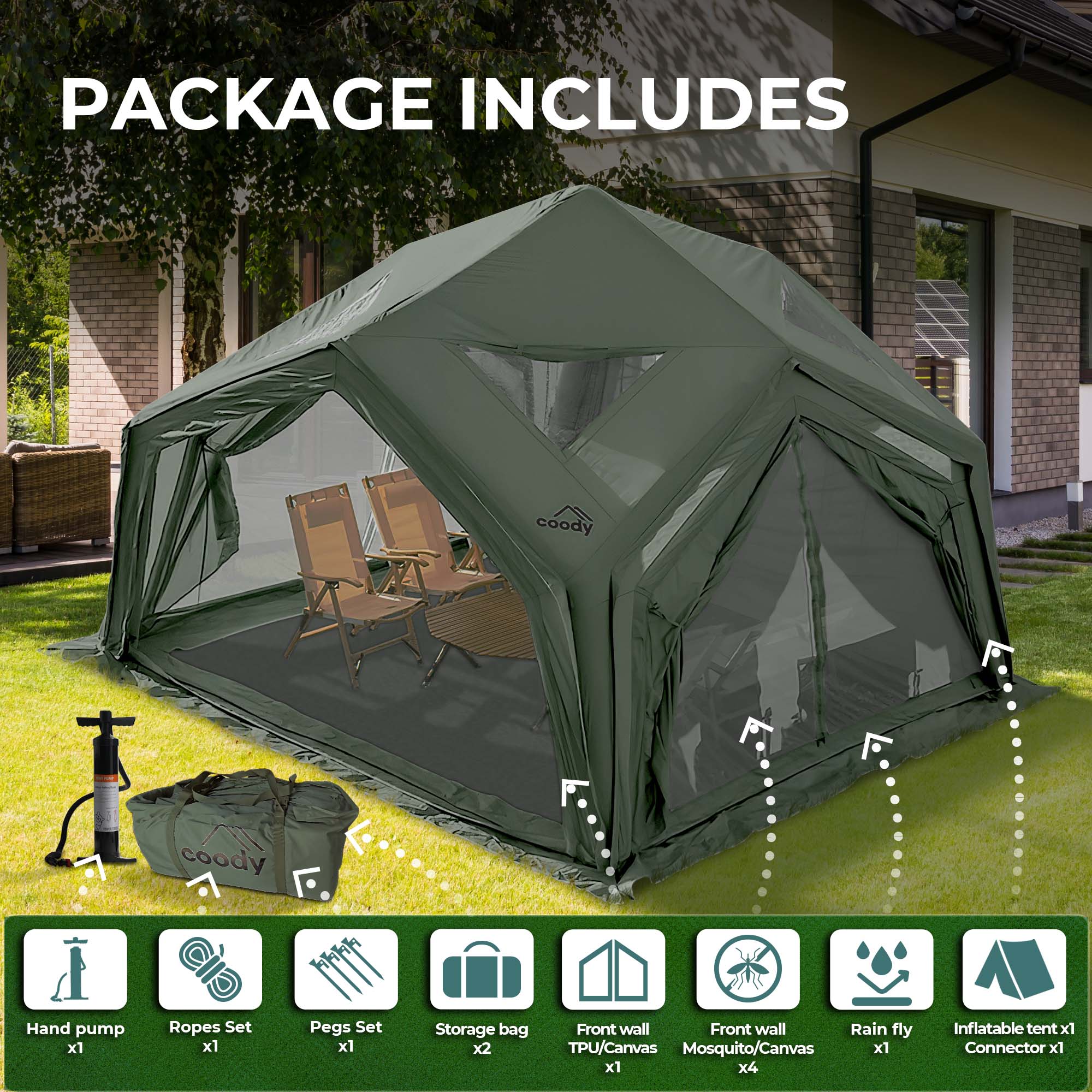 Coody Hub Forest Green (2-6 person) + Ground Sheet PVC + Carpet Coody Hub + Electric Pump