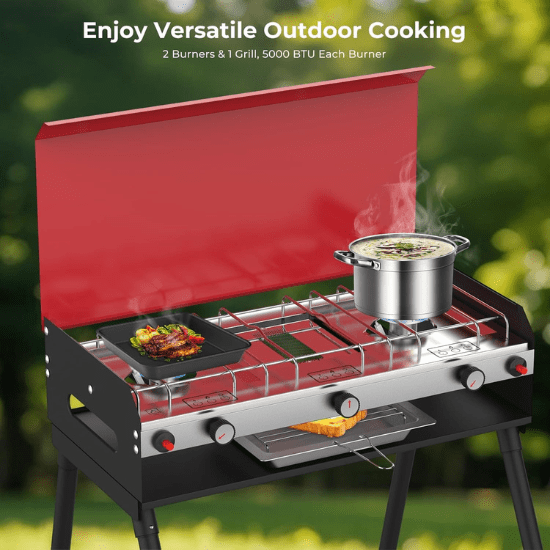 Camplux Propane Camping Stove 2 Burners & 1 Grill, 15,000 BTU Auto-Ignition | Backcountry Sportsman