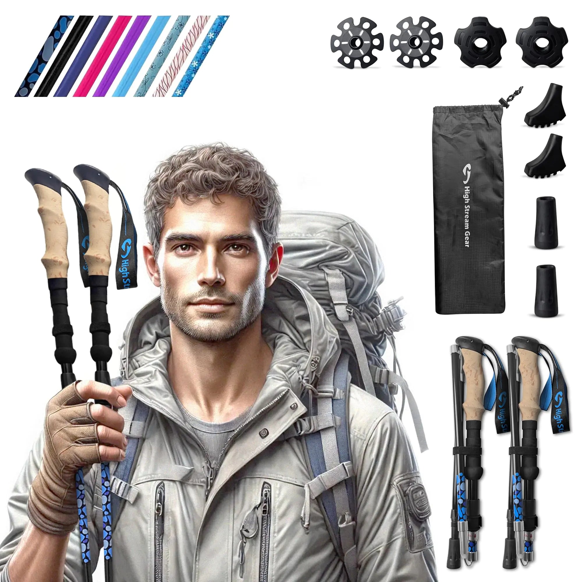 Walking Sticks for Men & Women - 14.5” Foldable Hiking Poles for Backpacking Exercising and Traveling Set of 2 Nordic Collapsible Trekking Poles (Blue Pebbles 100-120cm) | Backcountry Sportsman