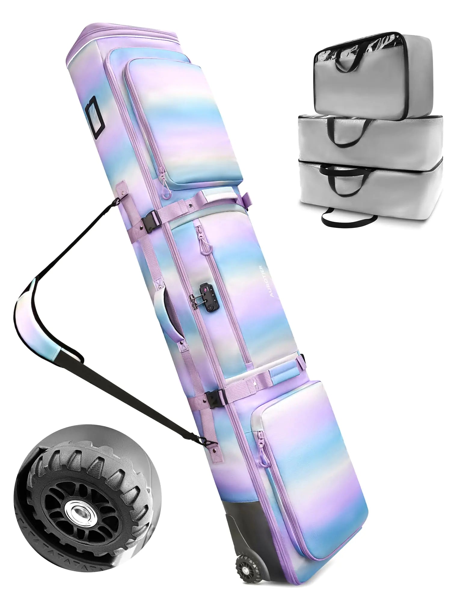 AUROTIER 10mm Padded Skis Snowboard Bag with Wheels and TSA Combination Lock for Air Travel 3 TPU Zippered Bags Flexible Storage for Snowboards Helmets Snow Jackets & Boots Waterproof Blue-pink | Backcountry Sportsman