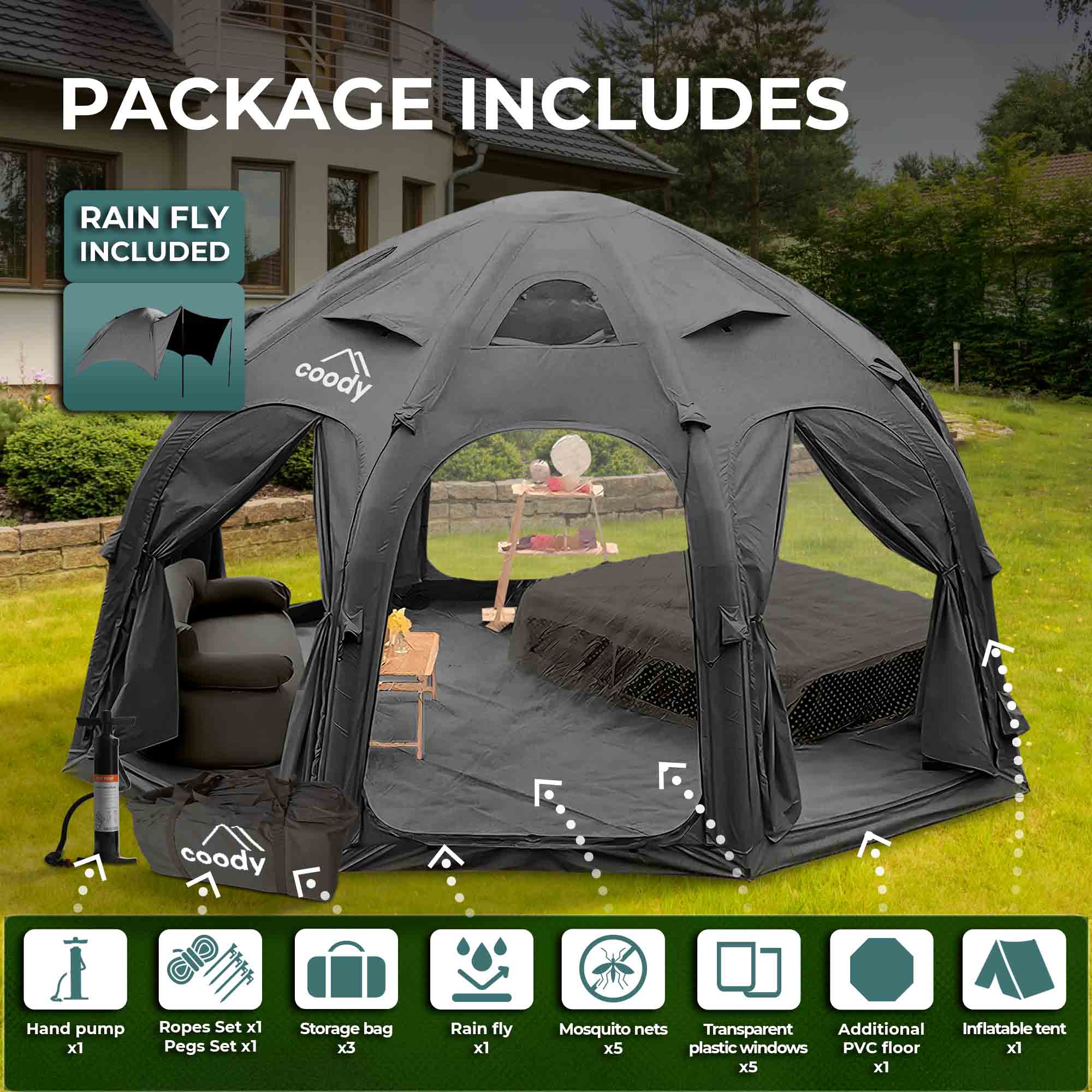 Coody Aurora Dome | RBM Outdoors Inflatable tent Octopus Black for 2-4 person | Backcountry Sportsman