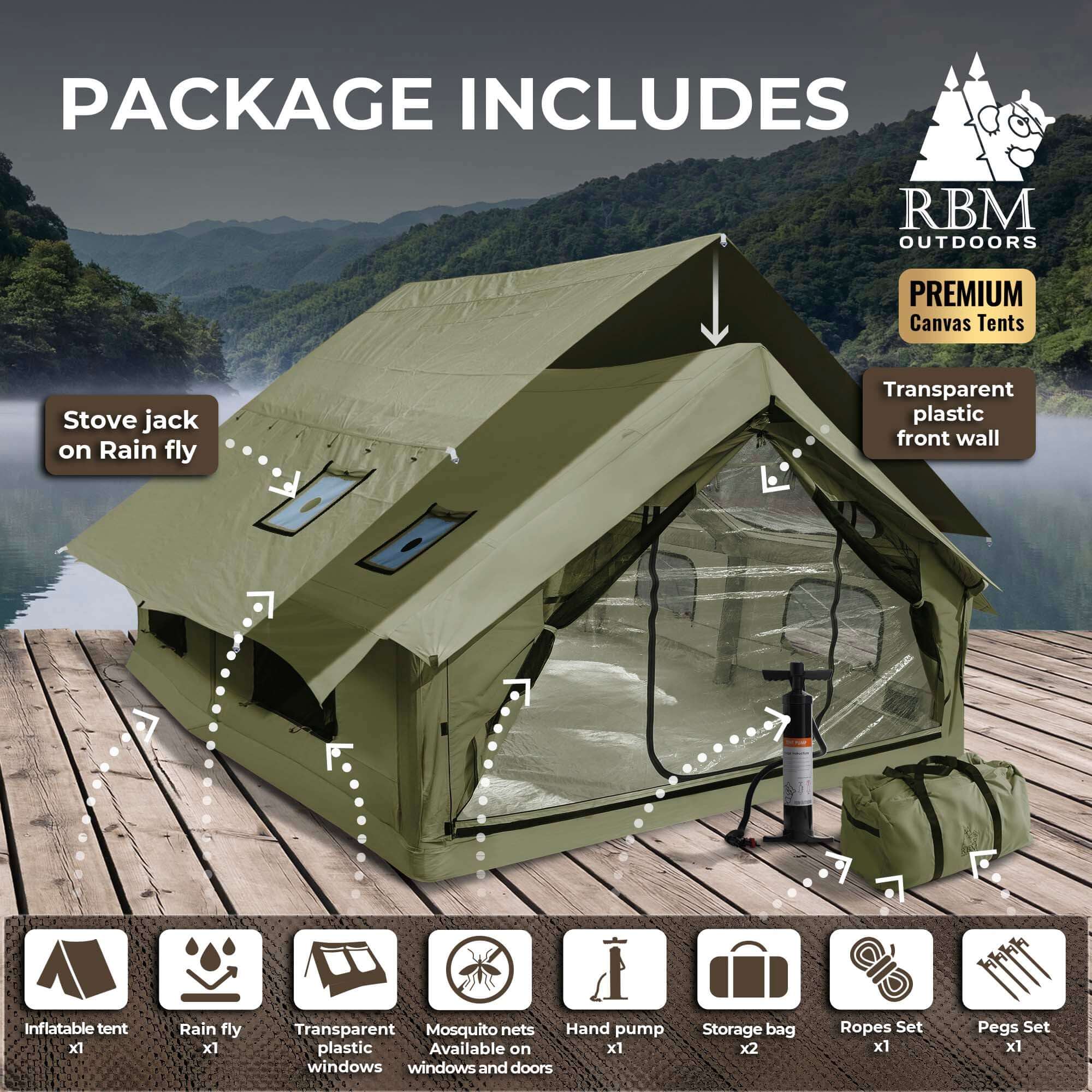 RBM Panda Large Forest Green + Stove Caminus M - Inflatable Tents for Camping with Stove | Backcountry Sportsman