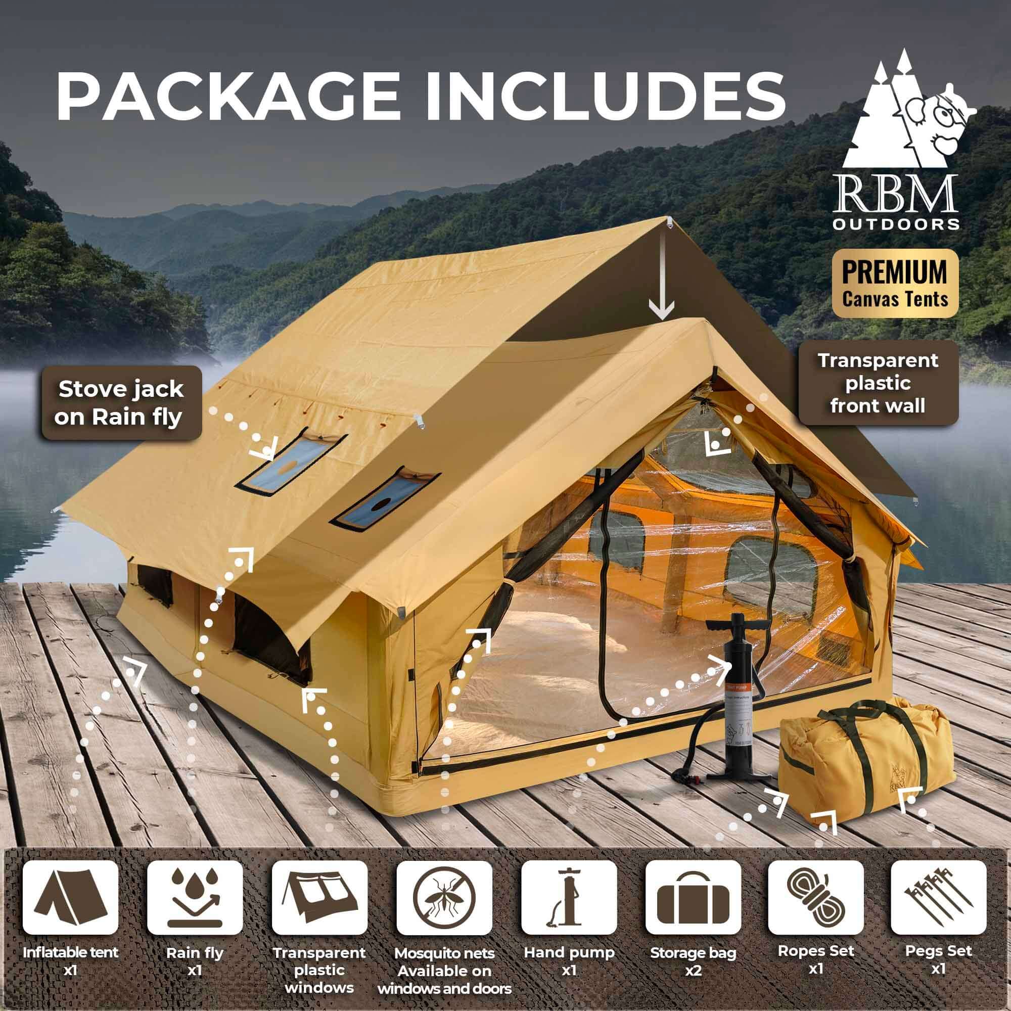 RBM Panda Large Sunny Beige + Stove Caminus M - Inflatable Tents for Camping with Stove