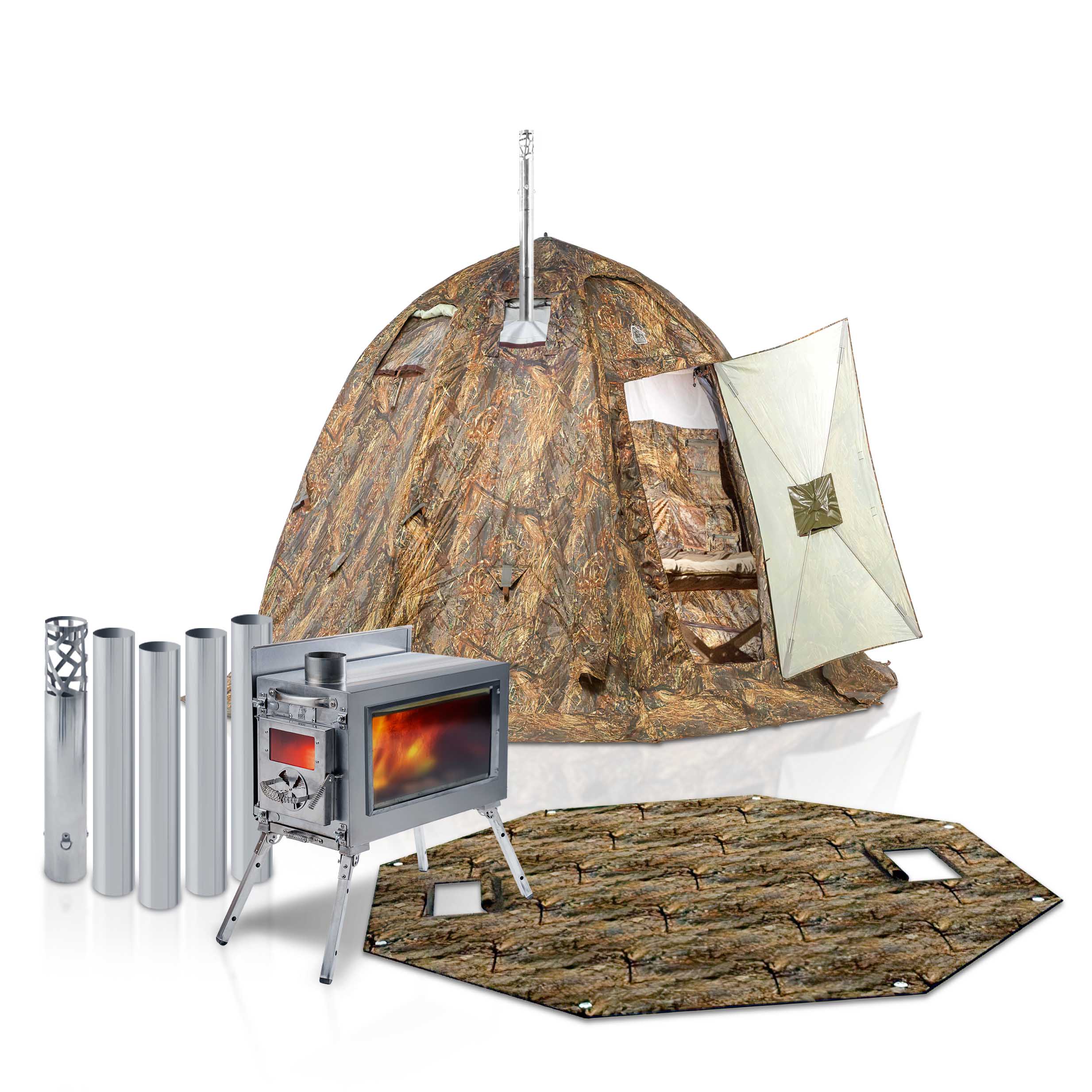 RBM All-Seasons tent UP-2 mini for 1-3 person + Wood Stove Caminus S + Three-Layer Floor | Backcountry Sportsman