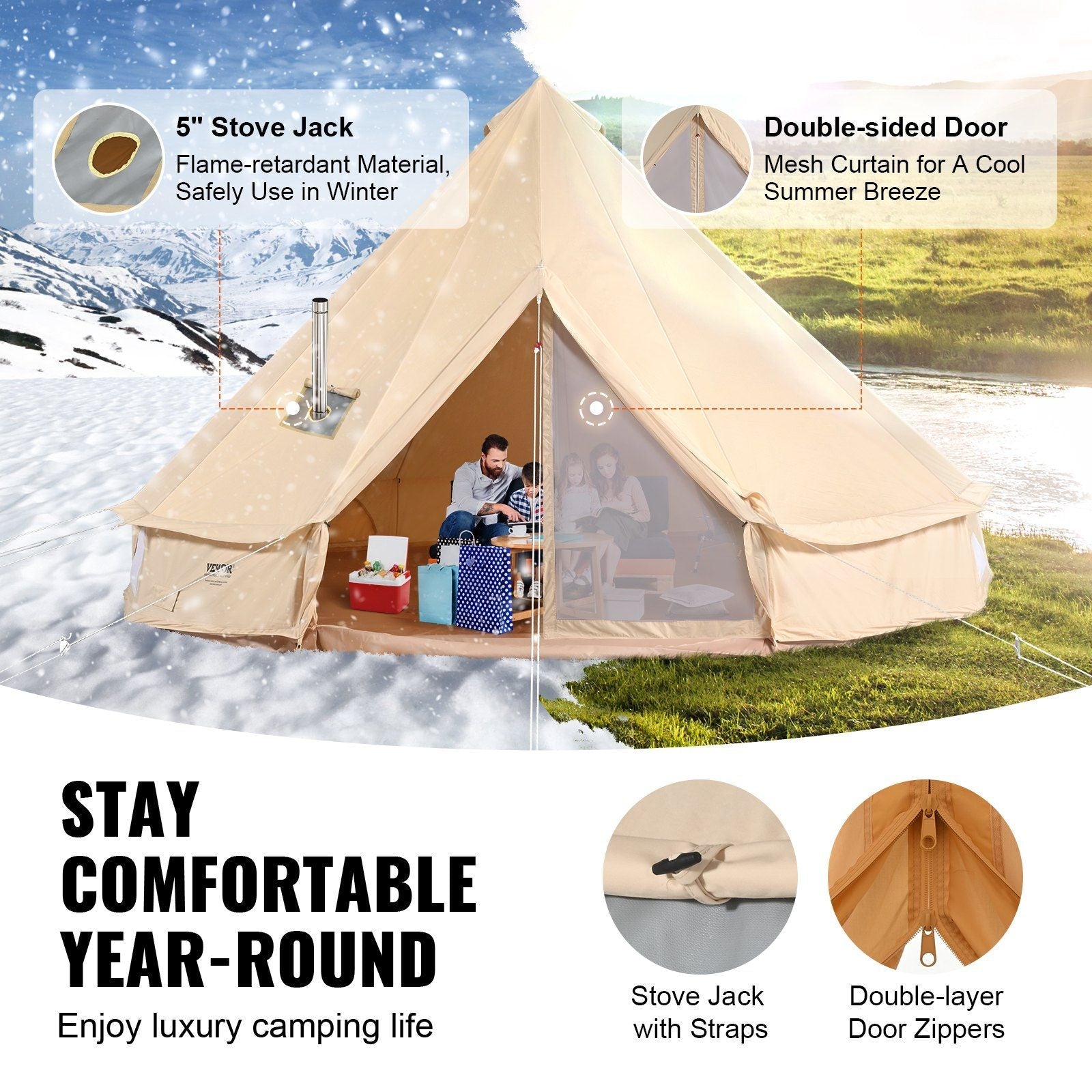 VEVOR 3-5 Person Canvas Glamping Bell Tent, Breathable Waterproof Yurt Tent with Stove Jack and Detachable Side Wall for Family Camping, 10'x 10'x98"(Diameter 3M) | Backcountry Sportsman