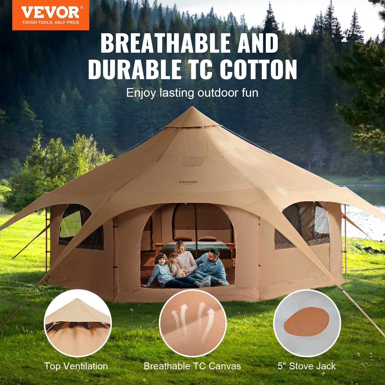 VEVOR Canvas Tent, 4 Seasons 5 m/16.4 ft Bell Tent, Canvas Tent for Camping with Stove Jack, Breathable Yurt Tent for up to 8 People, Family Camping Outdoor Hunting Party | Backcountry Sportsman