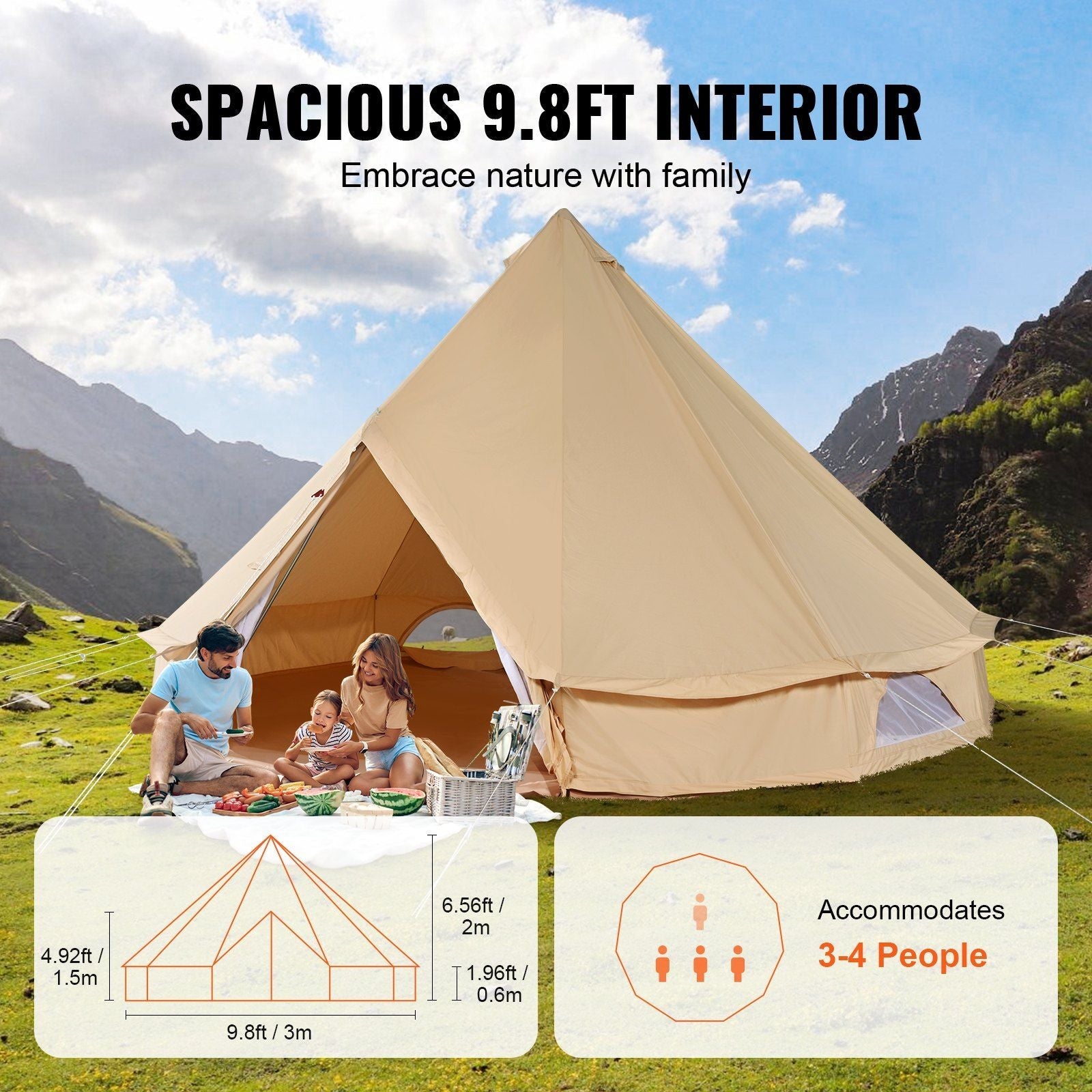 VEVOR 3-5 Person Canvas Glamping Bell Tent, Breathable Waterproof Yurt Tent with Stove Jack and Detachable Side Wall for Family Camping, 10'x 10'x98"(Diameter 3M) | Backcountry Sportsman