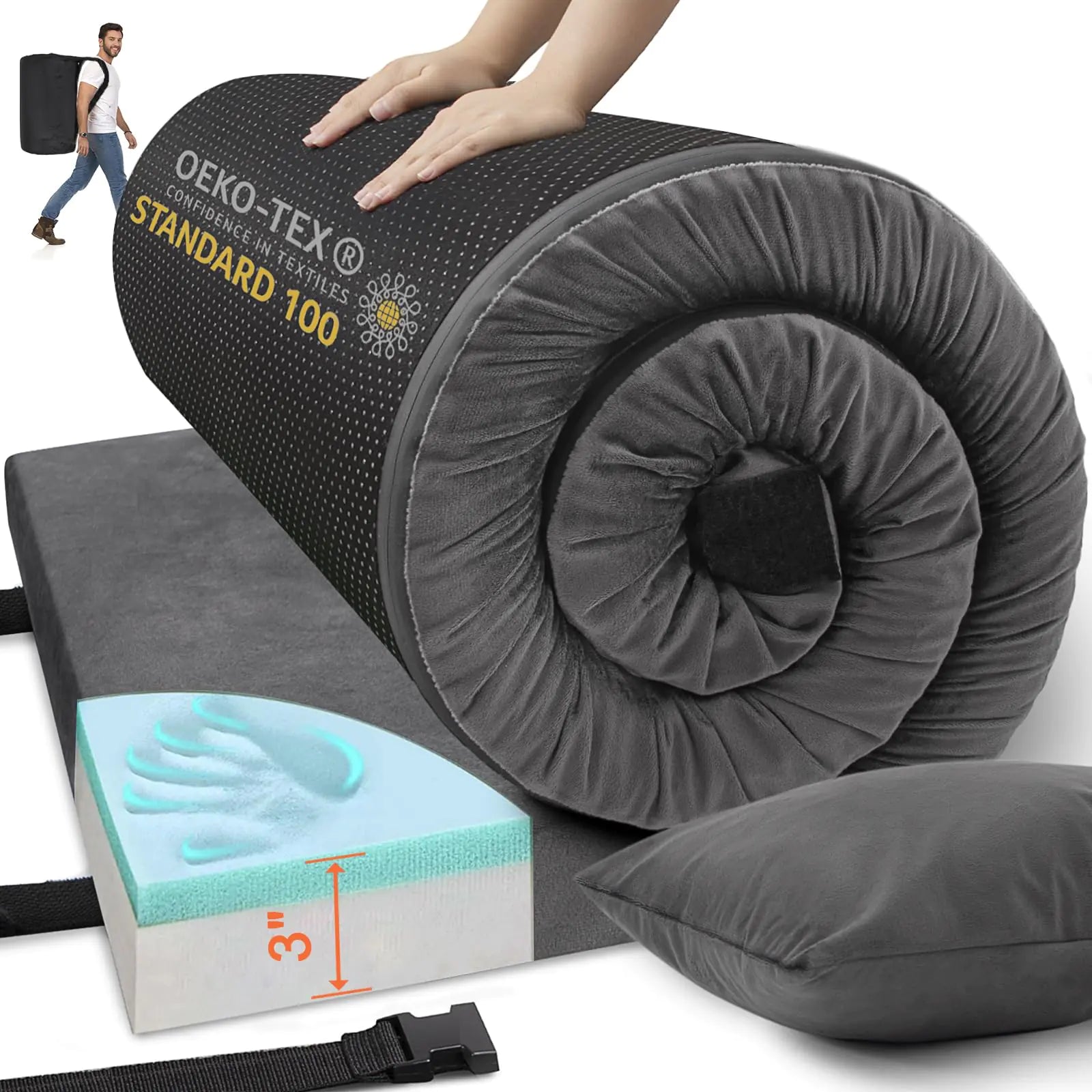 Airpanda Memory Foam Camping Mattress Sleeping Pad 3" Thick Waterproof Portable Roll Up Sleeping Mats & Floor Mattress Pad with Pillow + Travel Bag for Camping Car Truck Tent Sleepover Kids Adult | Backcountry Sportsman