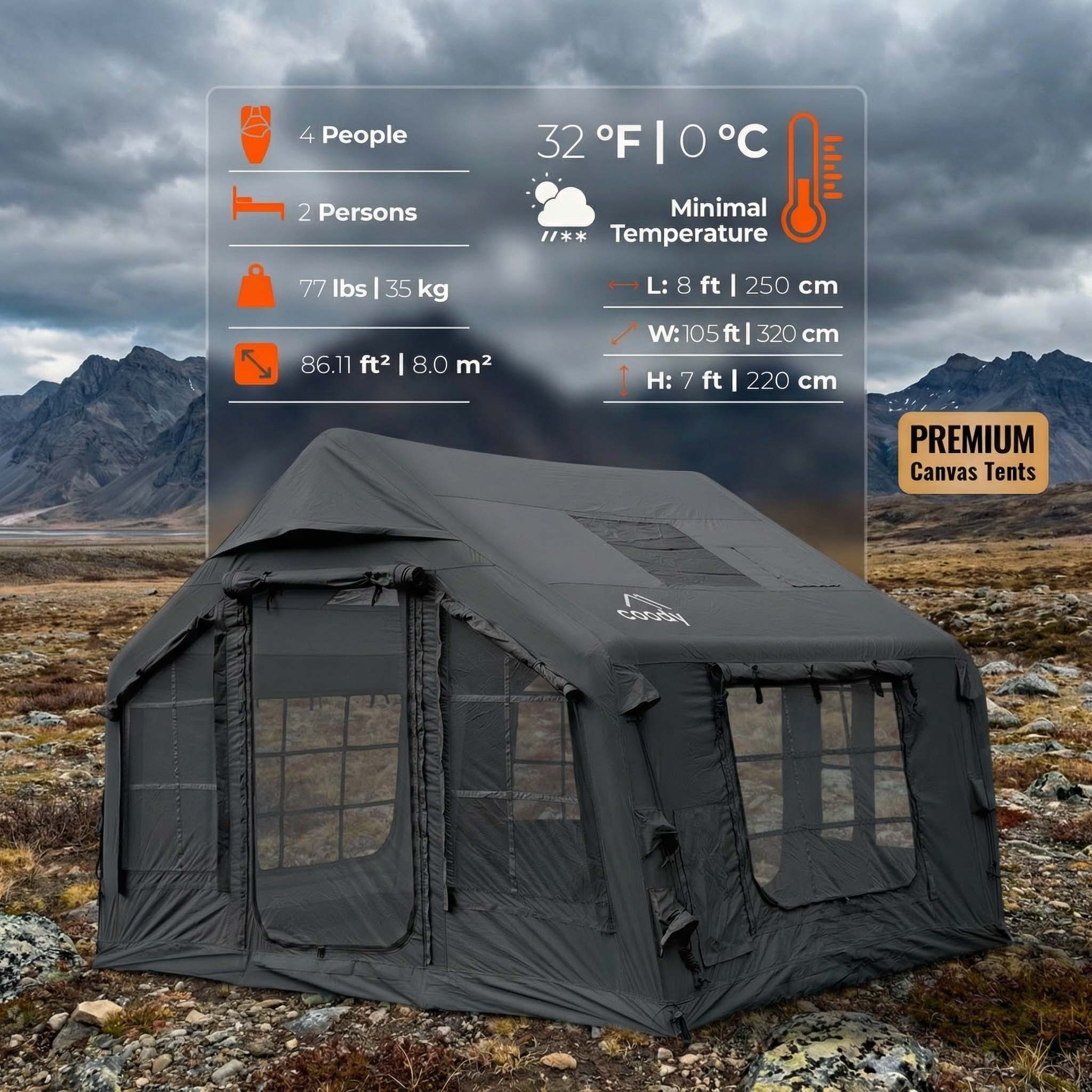 Coody 8.0 Gray - Inflatable Tent House for Camping 1-4 person | Backcountry Sportsman