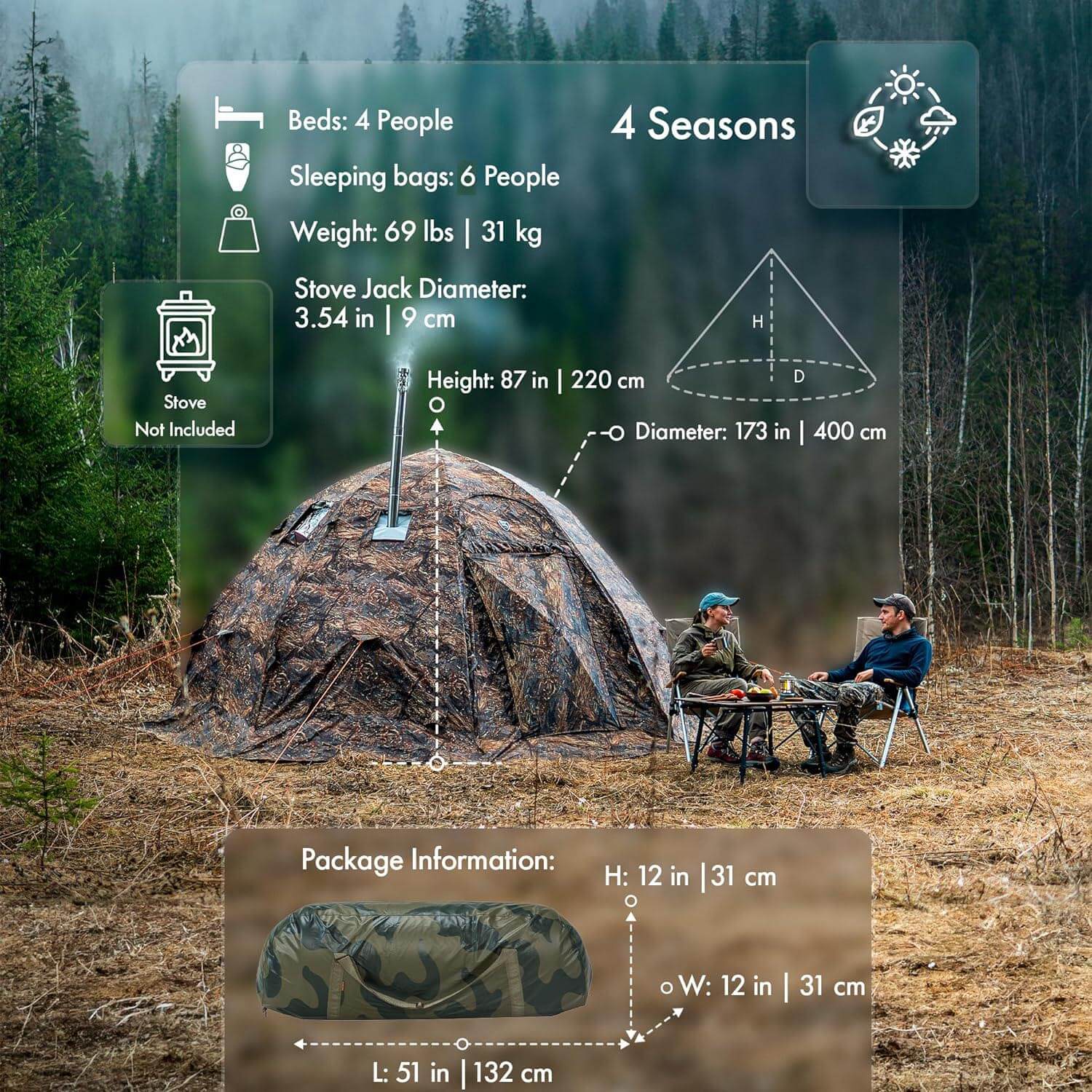 RBM All-Seasons tent  UP-5 for 2-6 person + Wood Stove Caminus M + Three-Layer Floor | Backcountry Sportsman