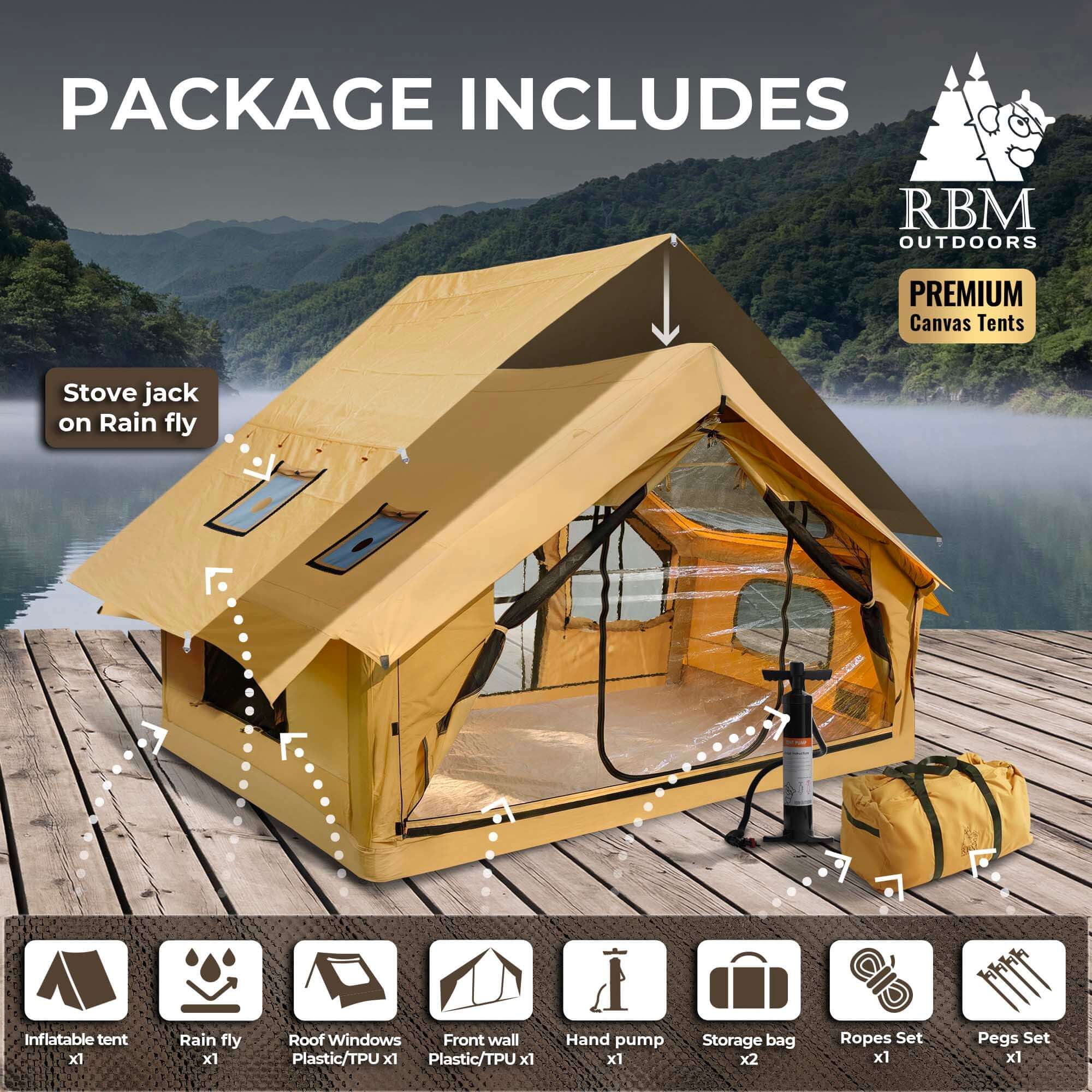 RBM Panda Medium Sunny Beige + Stove Caminus S - Inflatable Tents for Camping with Stove | Backcountry Sportsman