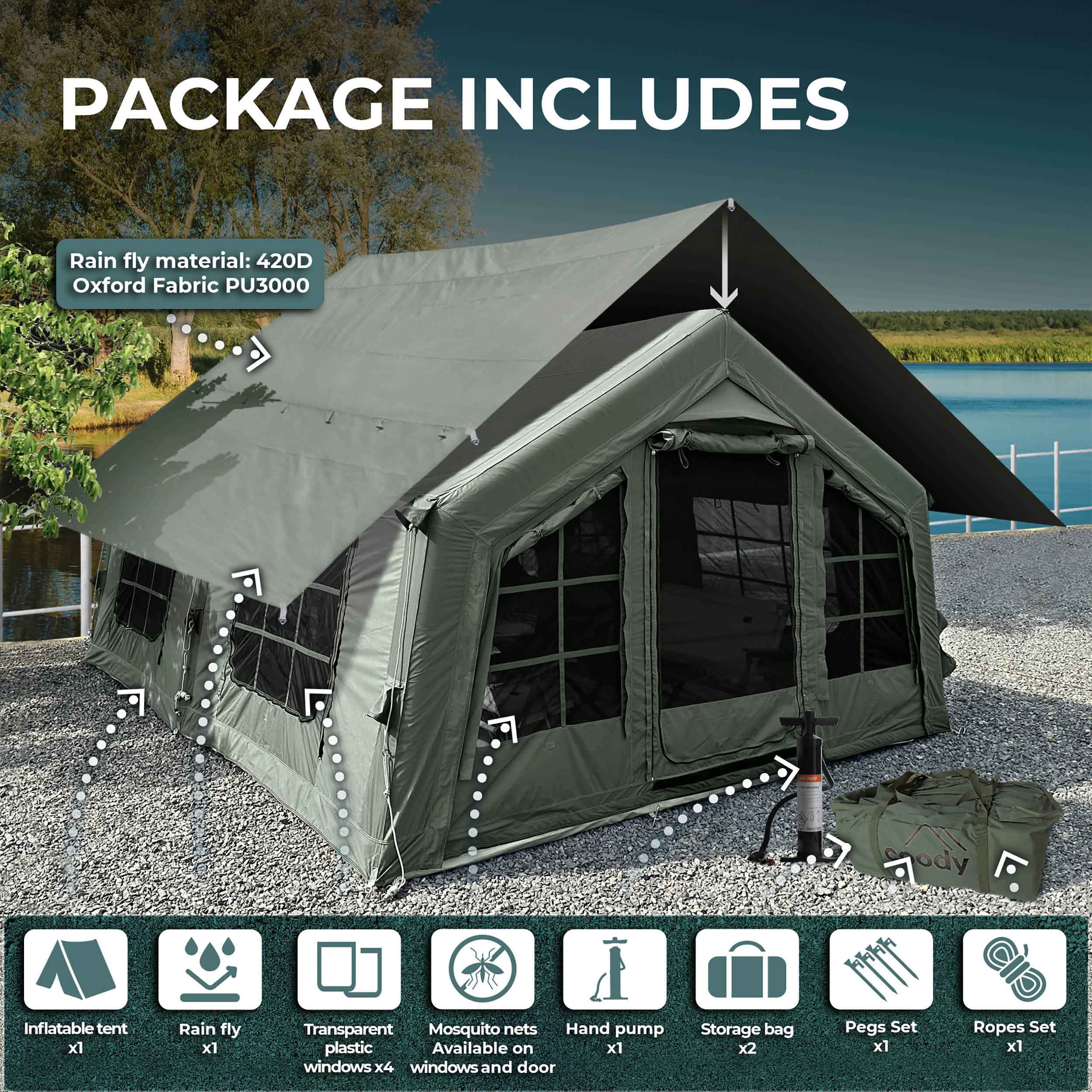 Coody 13.6 | RBM Outdoors (Koala 5) Forest Green + Stove Caminus M - Inflatable Tents with Stove | Backcountry Sportsman