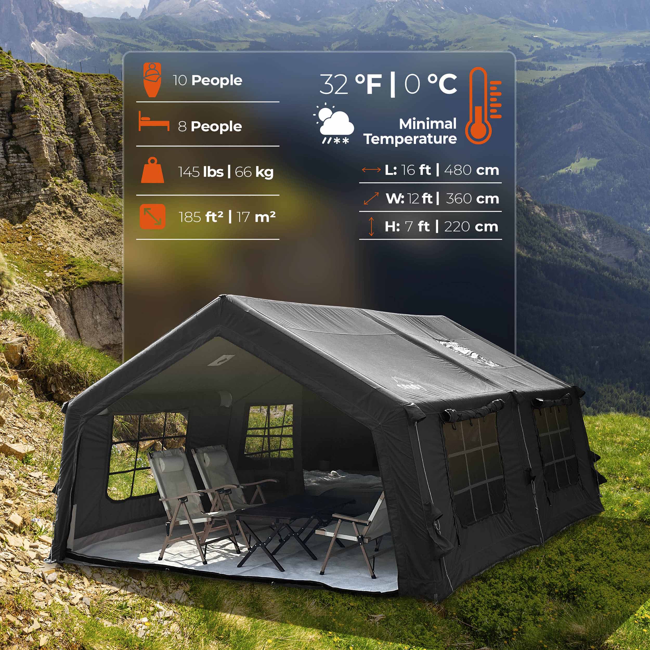 Coody 17.2 | RBM Outdoors (Koala 7) Black + Stove Caminus M - Inflatable Tents with Stove | Backcountry Sportsman