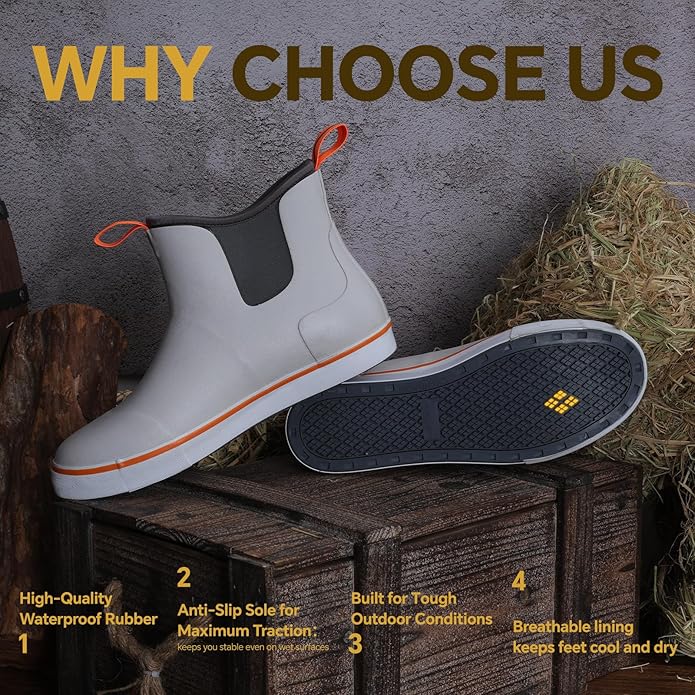 Furuian Mens Deck Boots Wide Fishing Boots Waterproof Rain Boots Ankle Booties Slip On Neoprene Rubber Footwear Chelsea Boots Men Botas Para Hombre for Gardening Fishing Boating Camping Sailing | Backcountry Sportsman