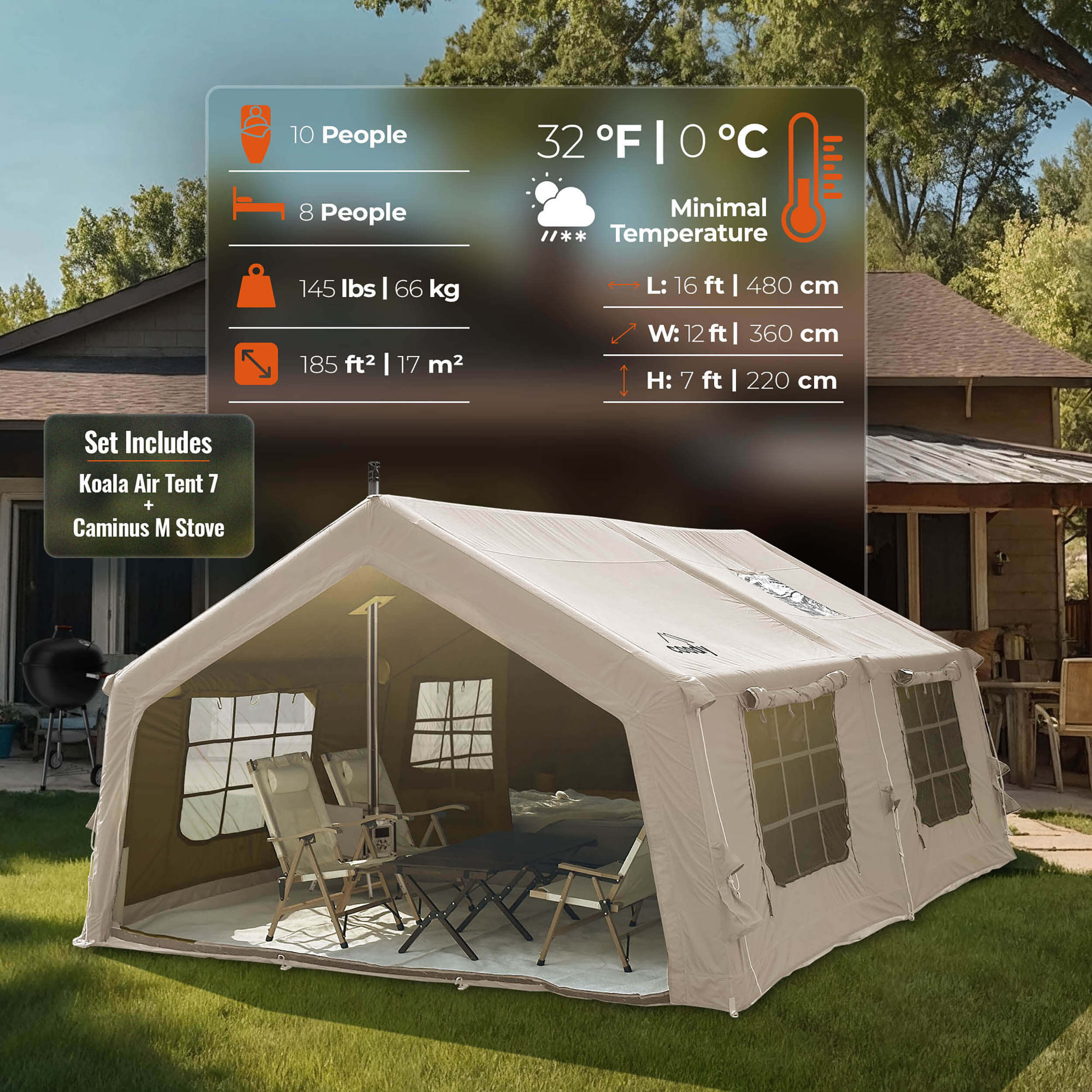 Coody 17.2 | RBM Outdoors (Koala 7) Beige + Stove Caminus M - Inflatable Tents for Camping with Stove | Backcountry Sportsman
