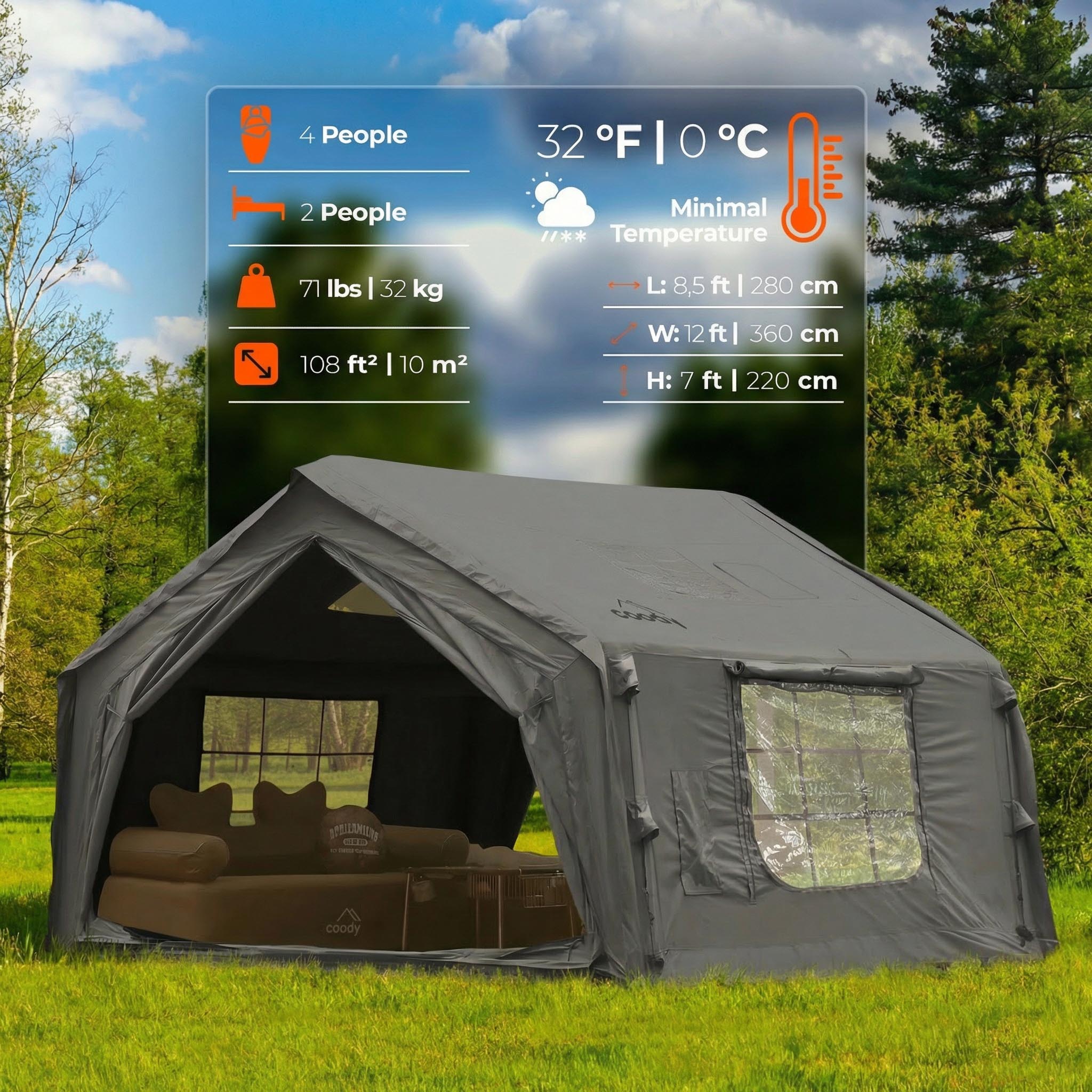 Coody 10.0 Gray Inflatable Tent House for Camping (2-4 person) | Backcountry Sportsman