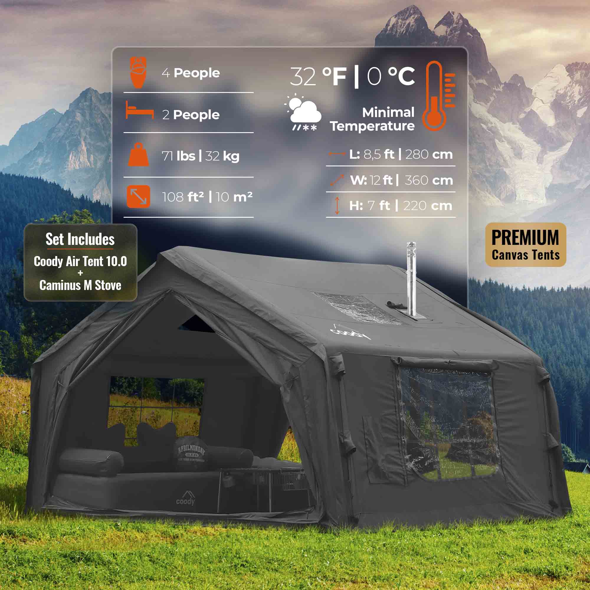 Coody 10 Black + Stove Caminus S - Inflatable Tents with Stove | Backcountry Sportsman