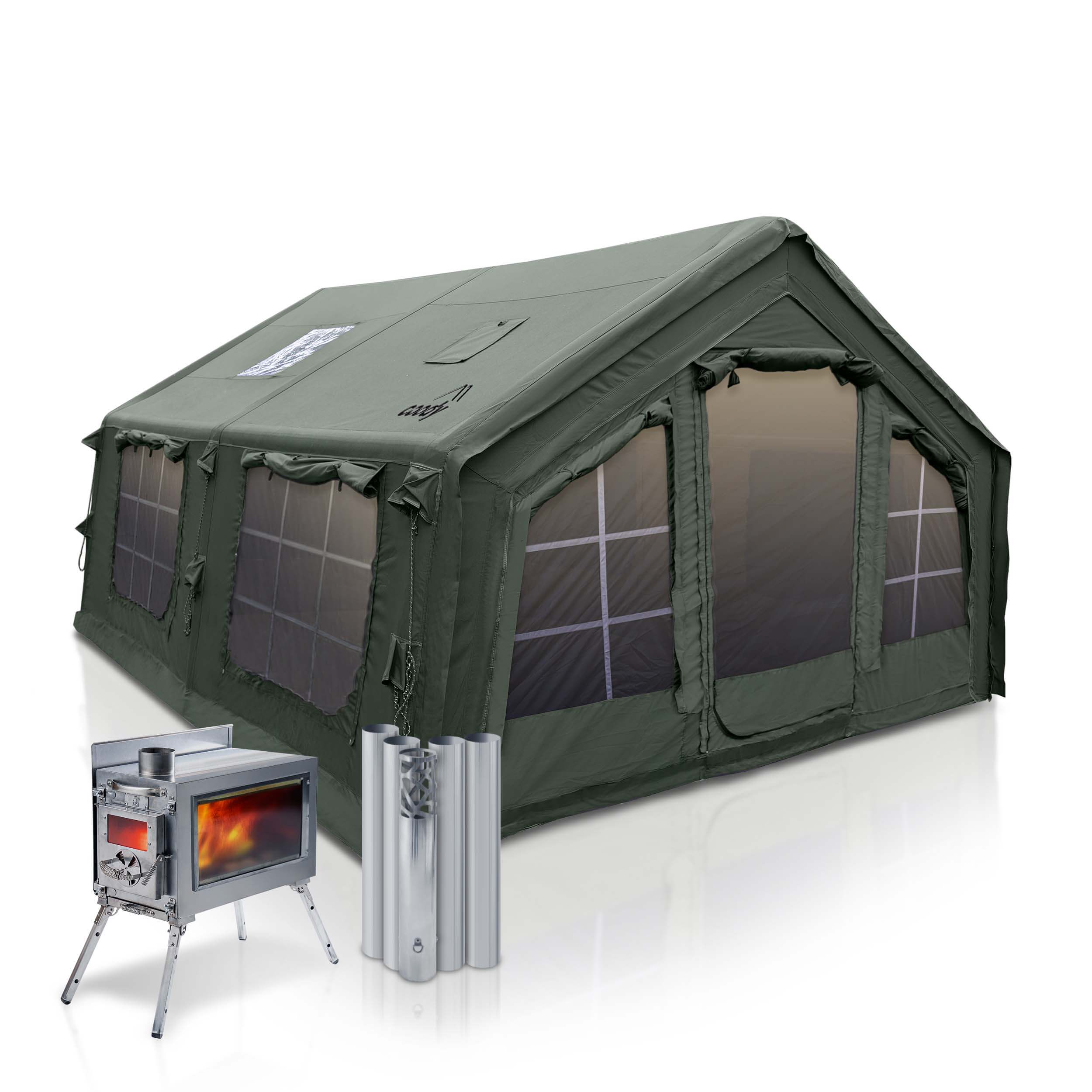 Coody 13.6 | RBM Outdoors (Koala 5) Forest Green + Stove Caminus M - Inflatable Tents with Stove | Backcountry Sportsman