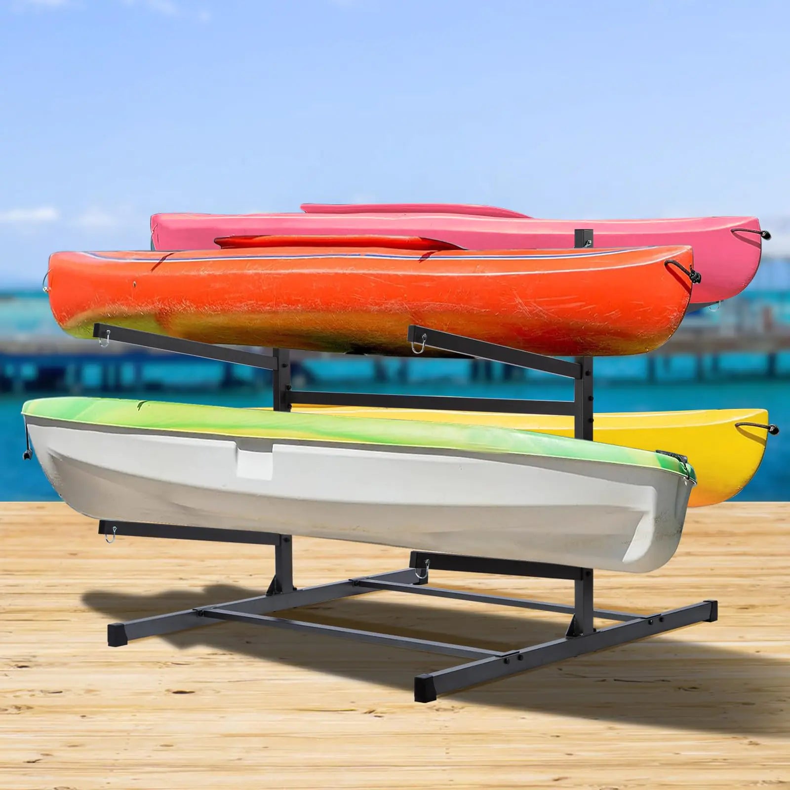 Morohope Freestanding Kayak Storage Rack Kayak Tackle Storage Heavy Duty Weatherproof Outdoor Storage Rack Storage Hooks for Kayaks SUP Canoe Paddleboard 4 Levels