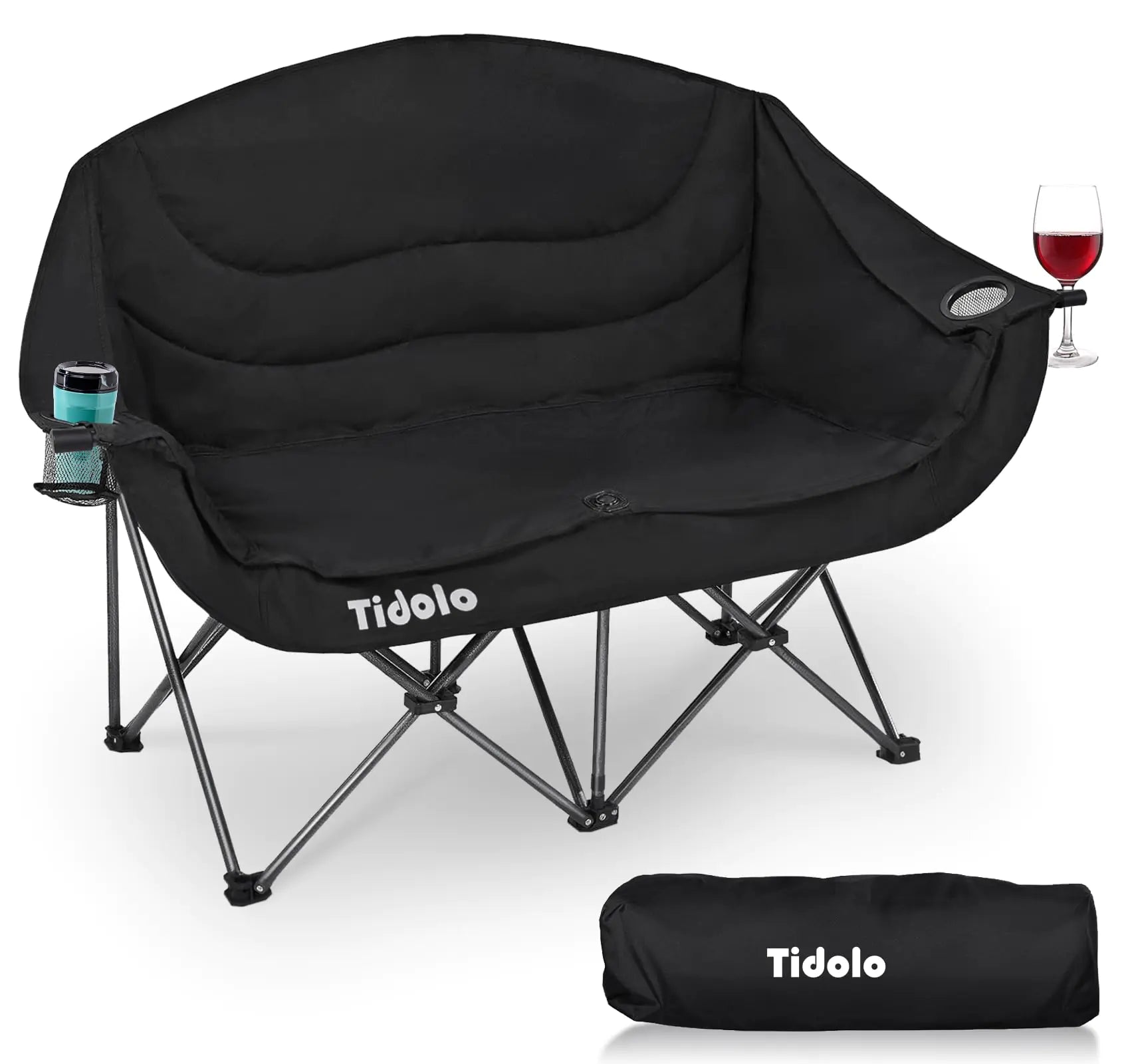 Tidolo Double Camping Chair2 Person Black Camping Chair for AdultOversized Padded Folding Loveseat Camping ChairHeavy Duty Lawn Chair Outside Camping Couch with Cup Wine Glass Holder Support 600LBS