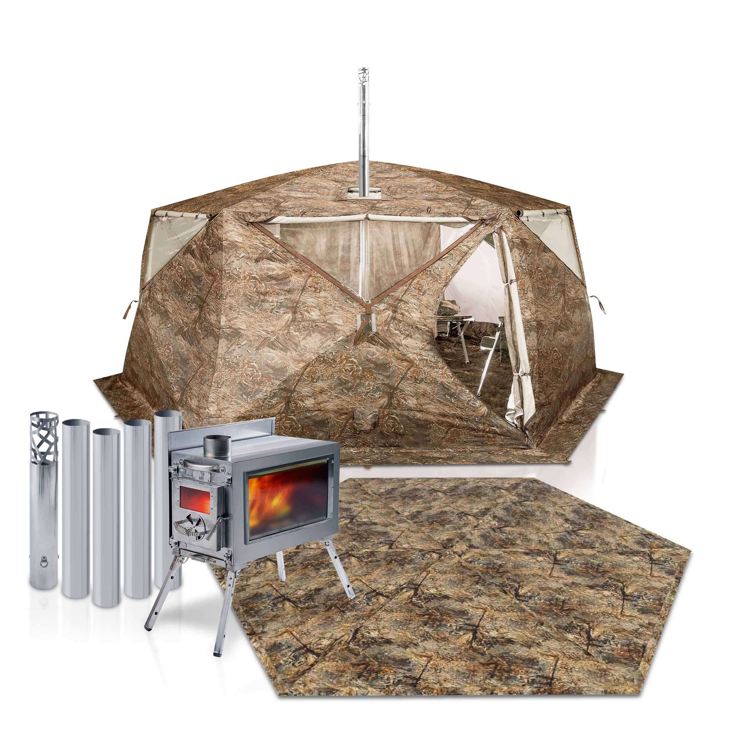 RBM All-Seasons tent  Hexagon for 2-9 person + Wood Stove Caminus M + Three-Layer Floor | Backcountry Sportsman