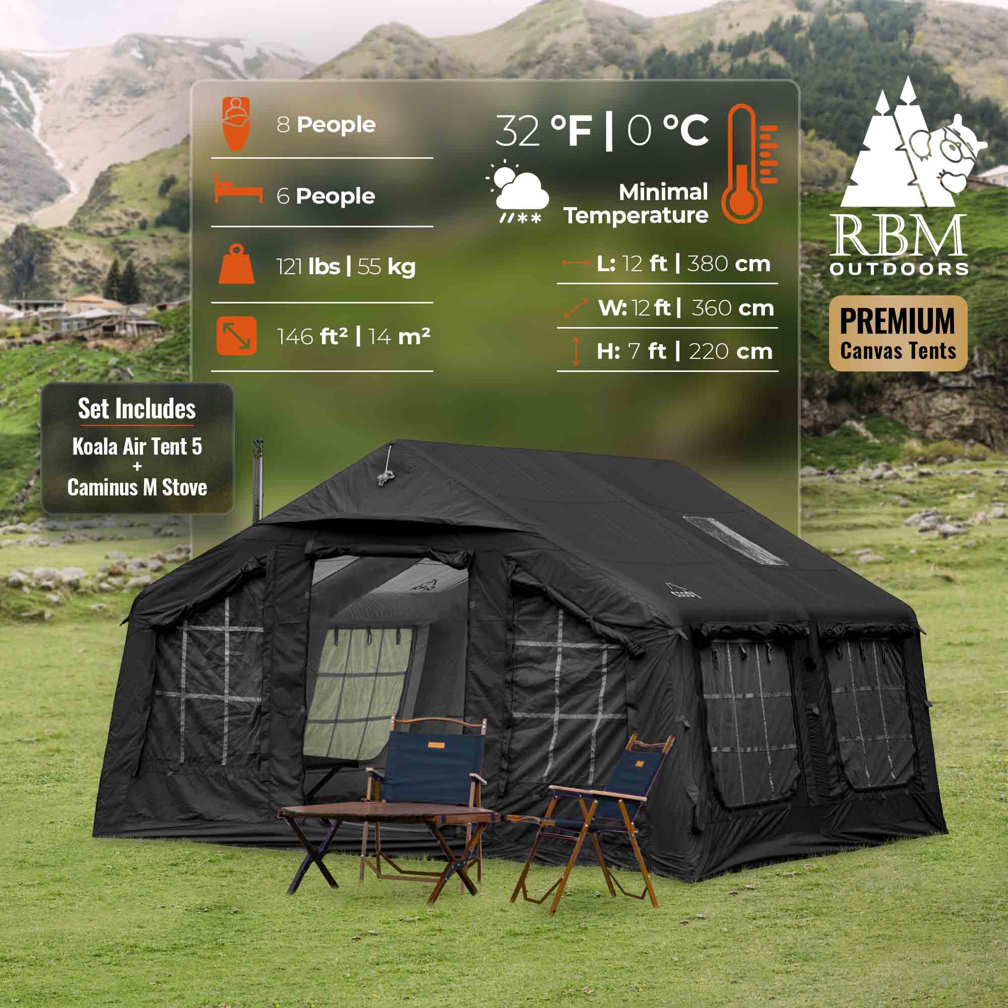 Coody 13.6 | RBM Outdoors (Koala 5) Black + Stove Caminus M - Inflatable Tents with Stove | Backcountry Sportsman