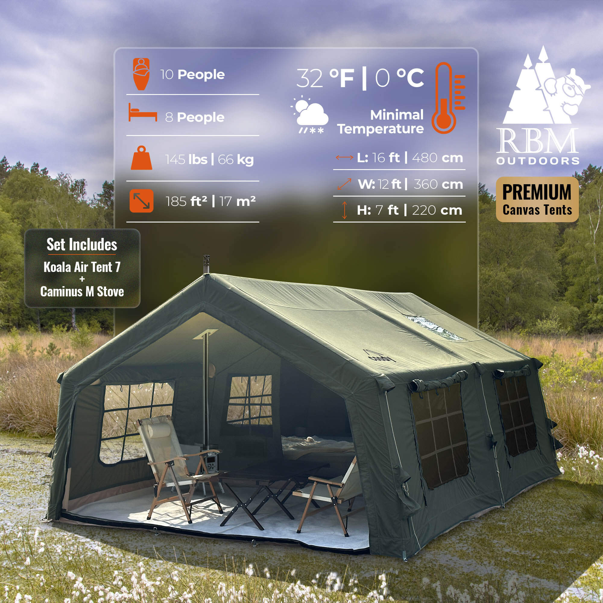 Coody 17.2 | RBM Outdoors (Koala 7) Forest Green + Stove Caminus M - Inflatable Tents with Stove