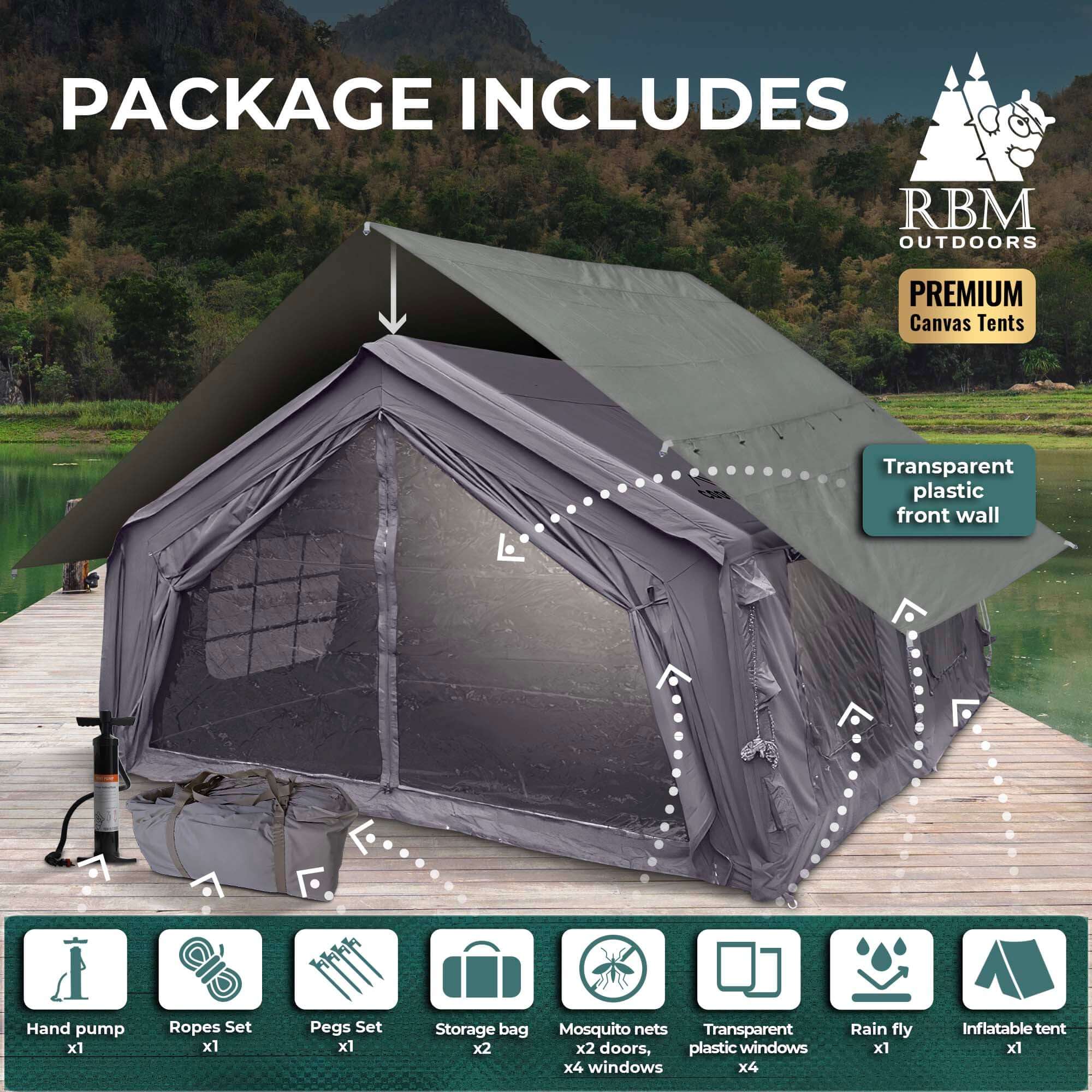Coody 17.2 | RBM Outdoors (Koala 7) Forest Green + Stove Caminus M - Inflatable Tents with Stove