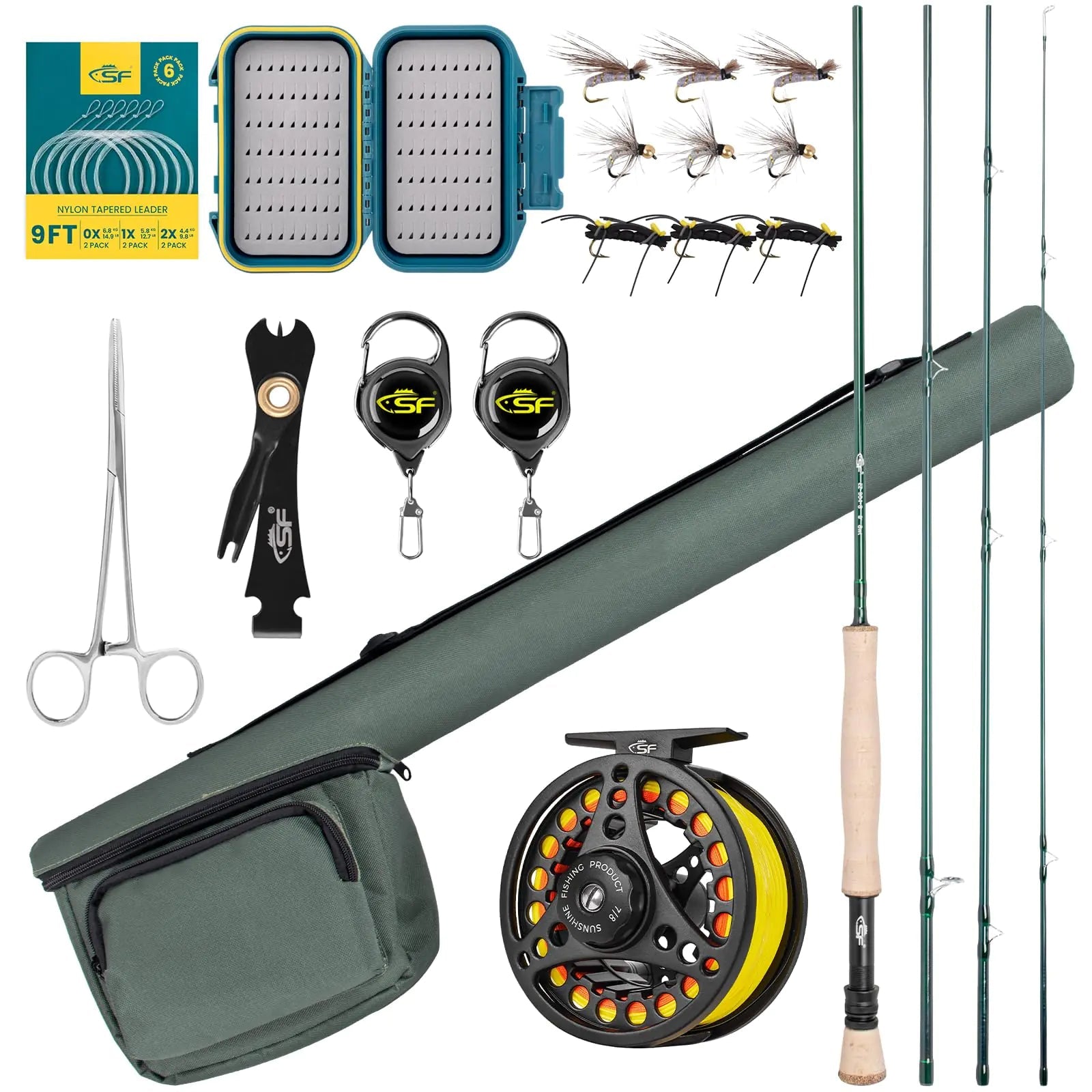SF Fly Fishing Rod Combo Starter Kit 4 Piece 8WT 9FT Emerald Green 24T Carbon Fiber Trout Fly Rod with Reel Rod case Fly Box with FliesTapered Leader Knot Tying Tools | Backcountry Sportsman