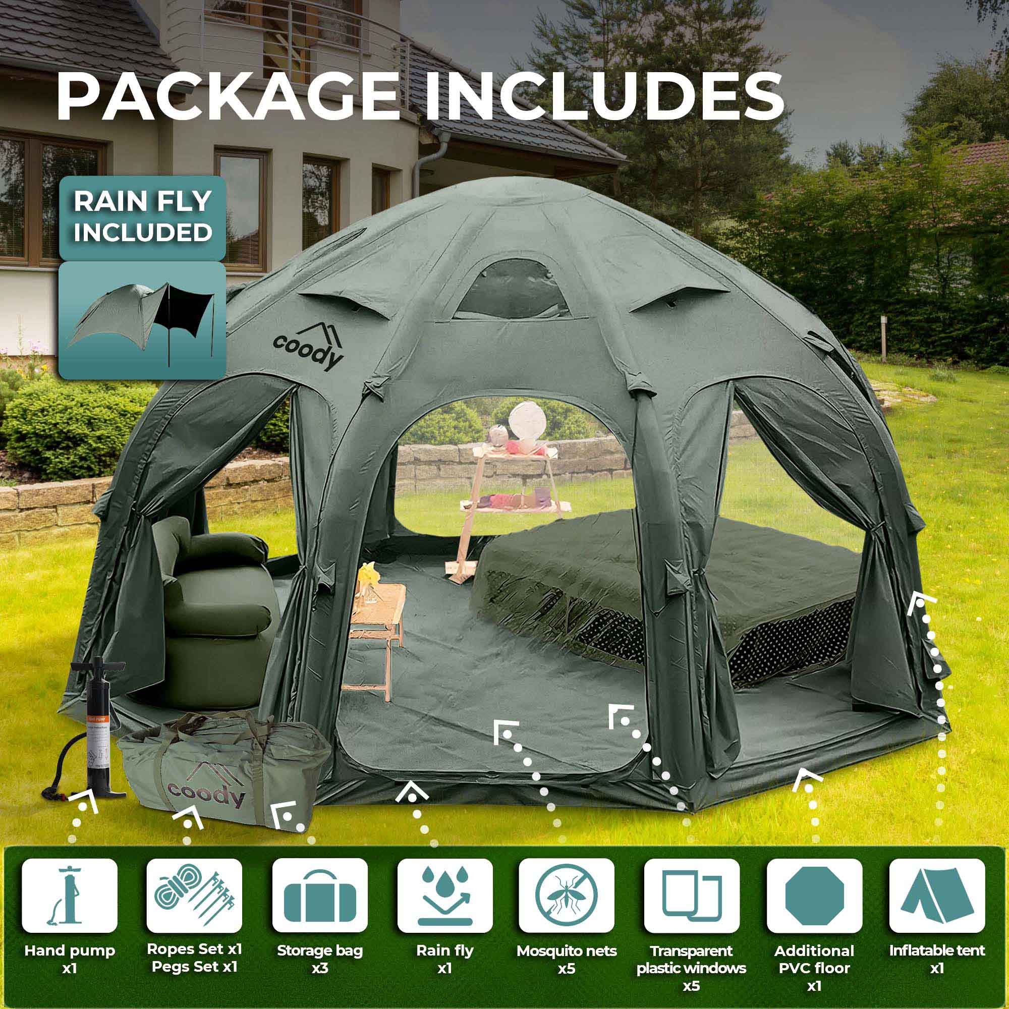 Coody Aurora Dome | RBM Outdoors Inflatable tent Octopus Forest Green for 2-4 person | Backcountry Sportsman