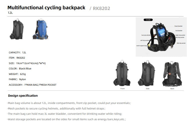 Rhinowalk Climbing Backpack Cycling Backpack Outdoor Sports Bag Travel Backpack Camping Hiking Backpack RK8202 12L | Backcountry Sportsman