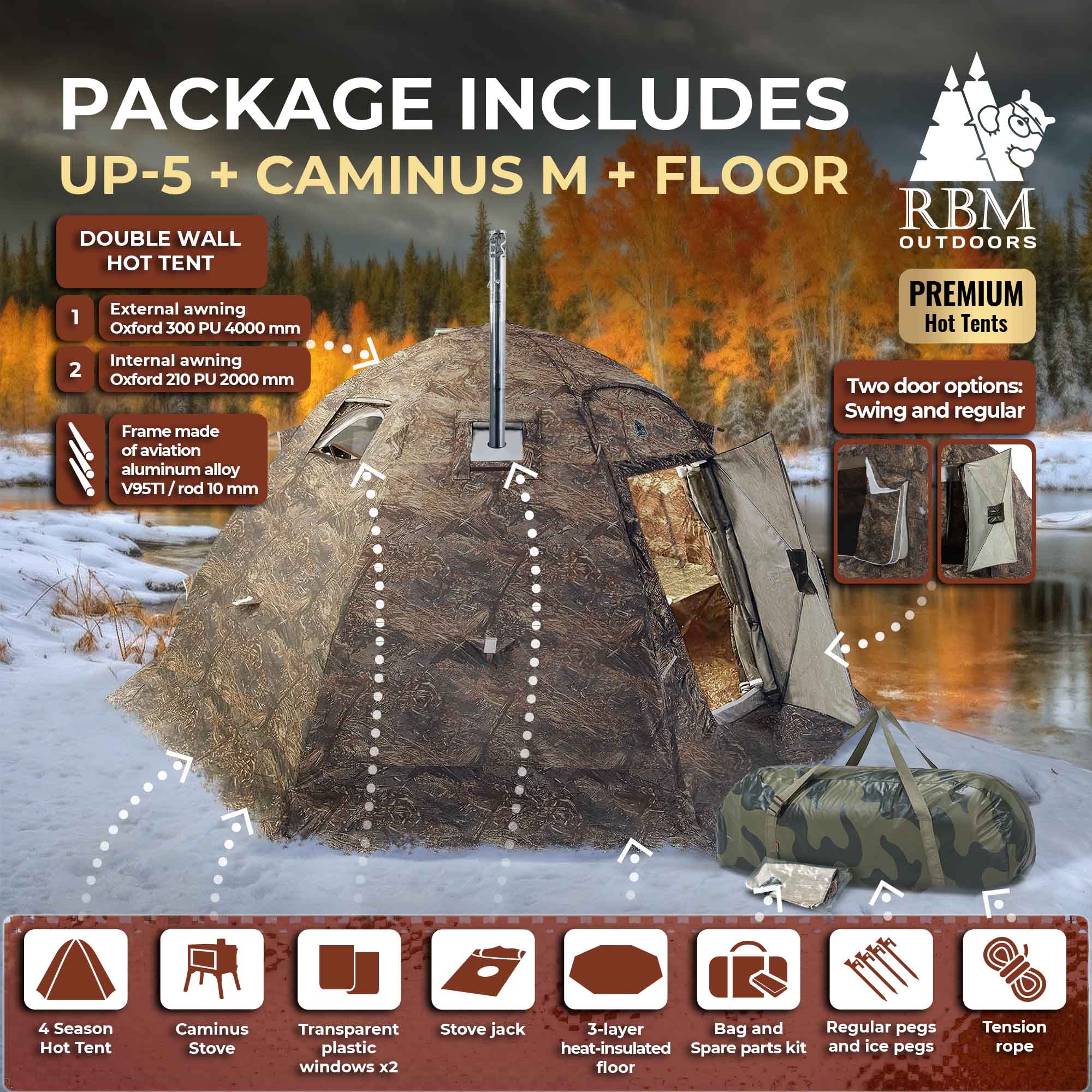 RBM All-Seasons tent  UP-5 for 2-6 person + Wood Stove Caminus M + Three-Layer Floor | Backcountry Sportsman