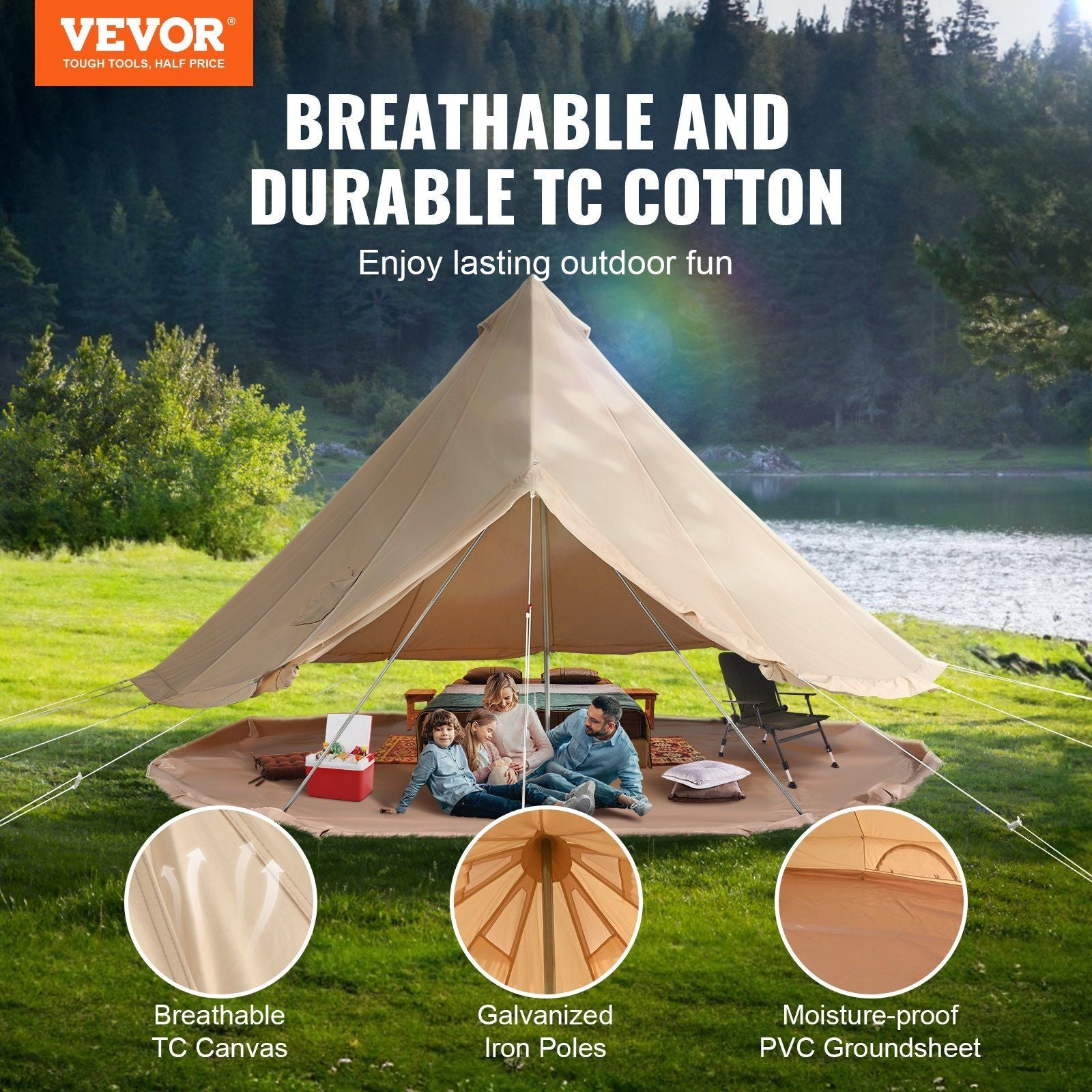 VEVOR 3-5 Person Canvas Glamping Bell Tent, Breathable Waterproof Yurt Tent with Stove Jack and Detachable Side Wall for Family Camping, 10'x 10'x98"(Diameter 3M) | Backcountry Sportsman