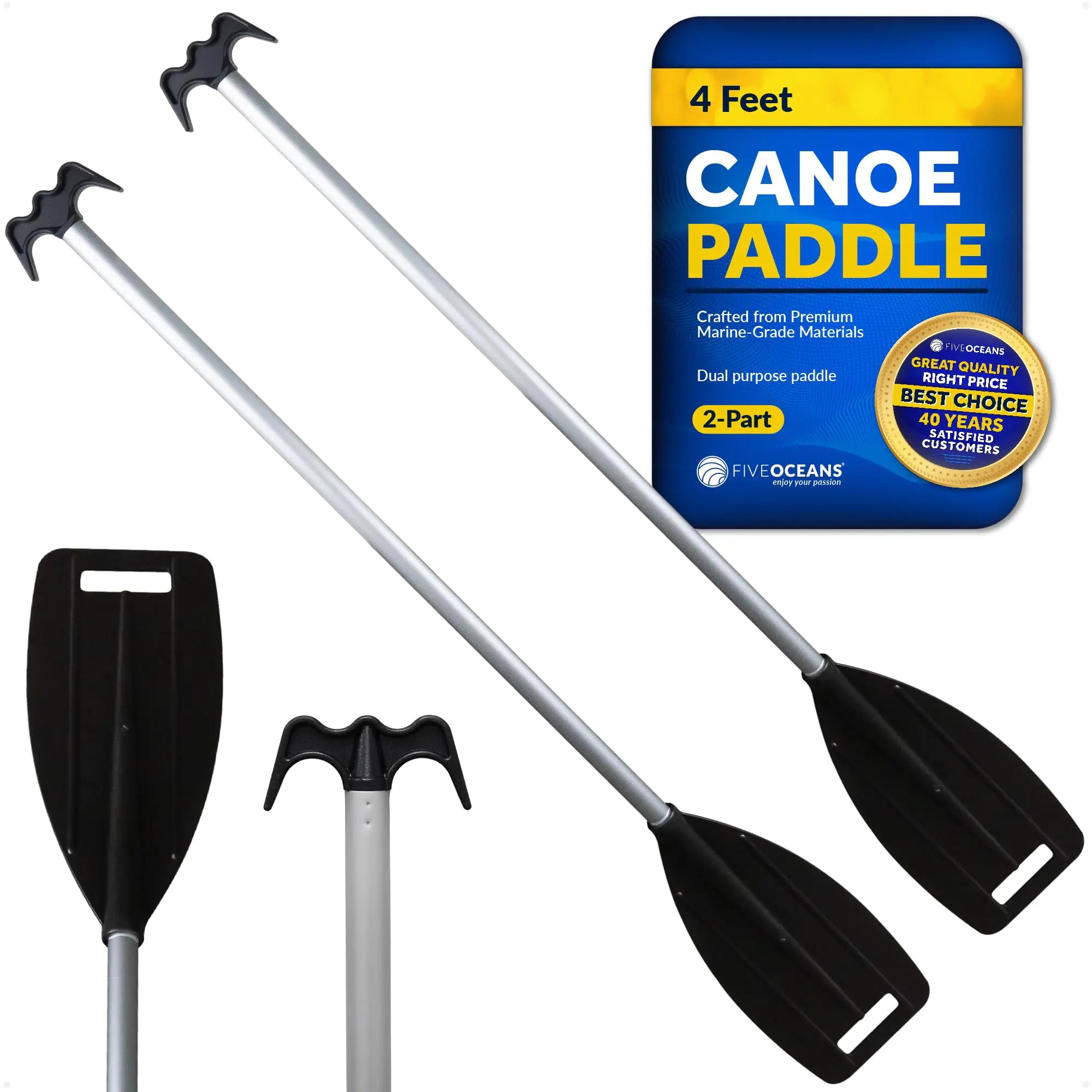 Five Oceans Canoe Paddle 2-Pack Canoe Paddles and Boat Hook Black 4-Feet Long Anodized Aluminum Shaft Reinforced ABS Plastic Blade & Hook Lightweight - FO1876-M2