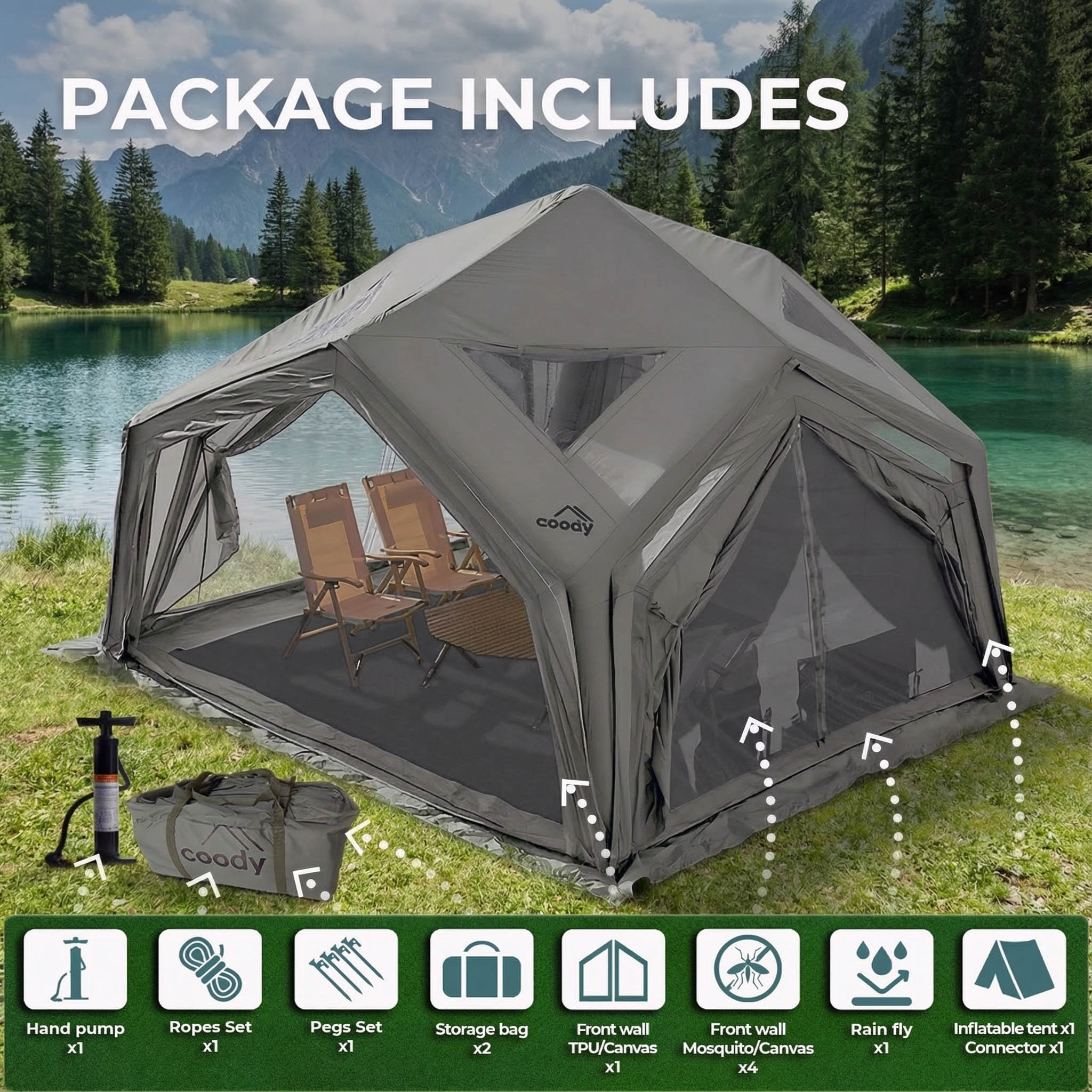 Coody | RBM Hub Shelter Inflatable Tent for 2-6 Person (Gray)