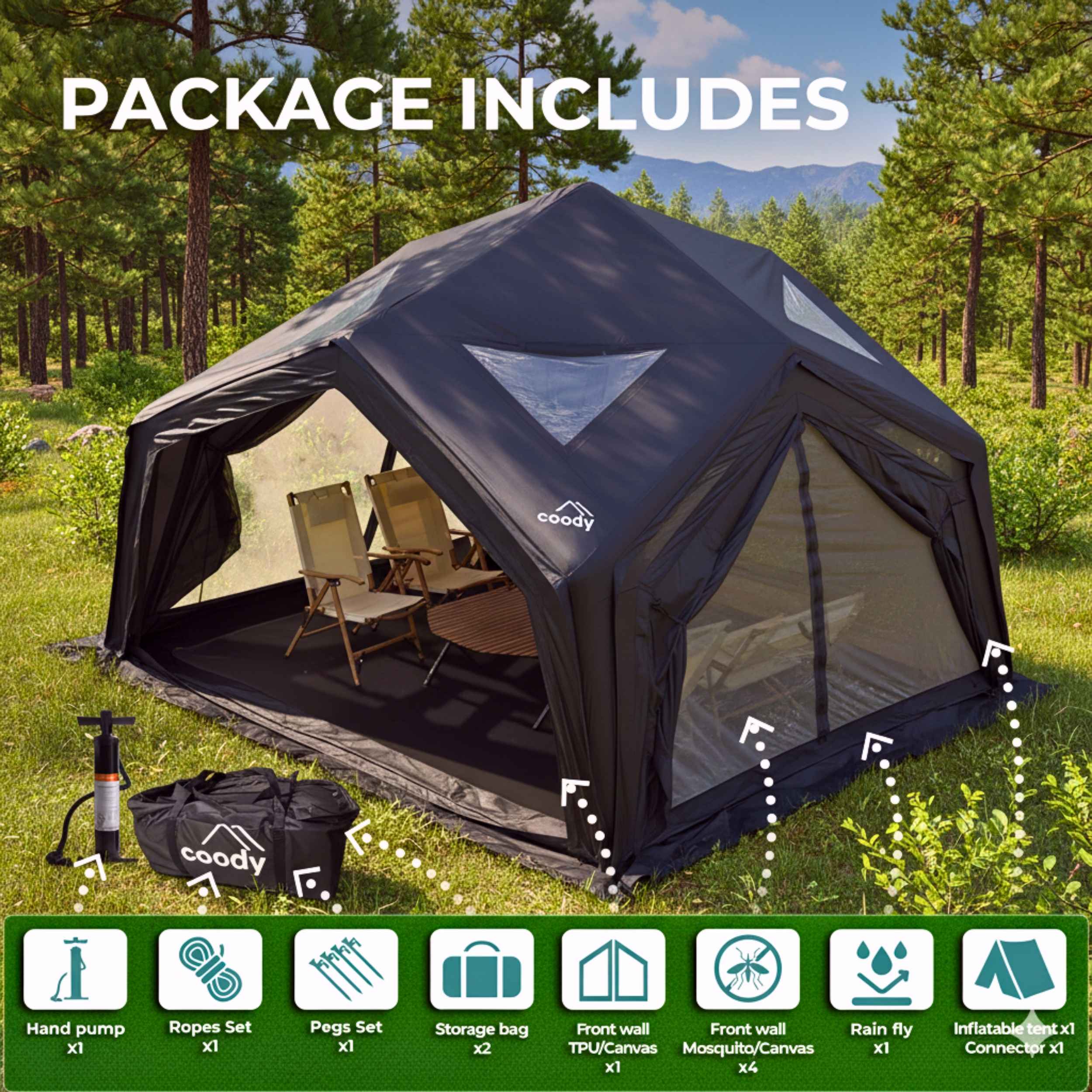 Coody | RBM Hub Shelter Inflatable Tent for 2-6 Person (Black) | Backcountry Sportsman